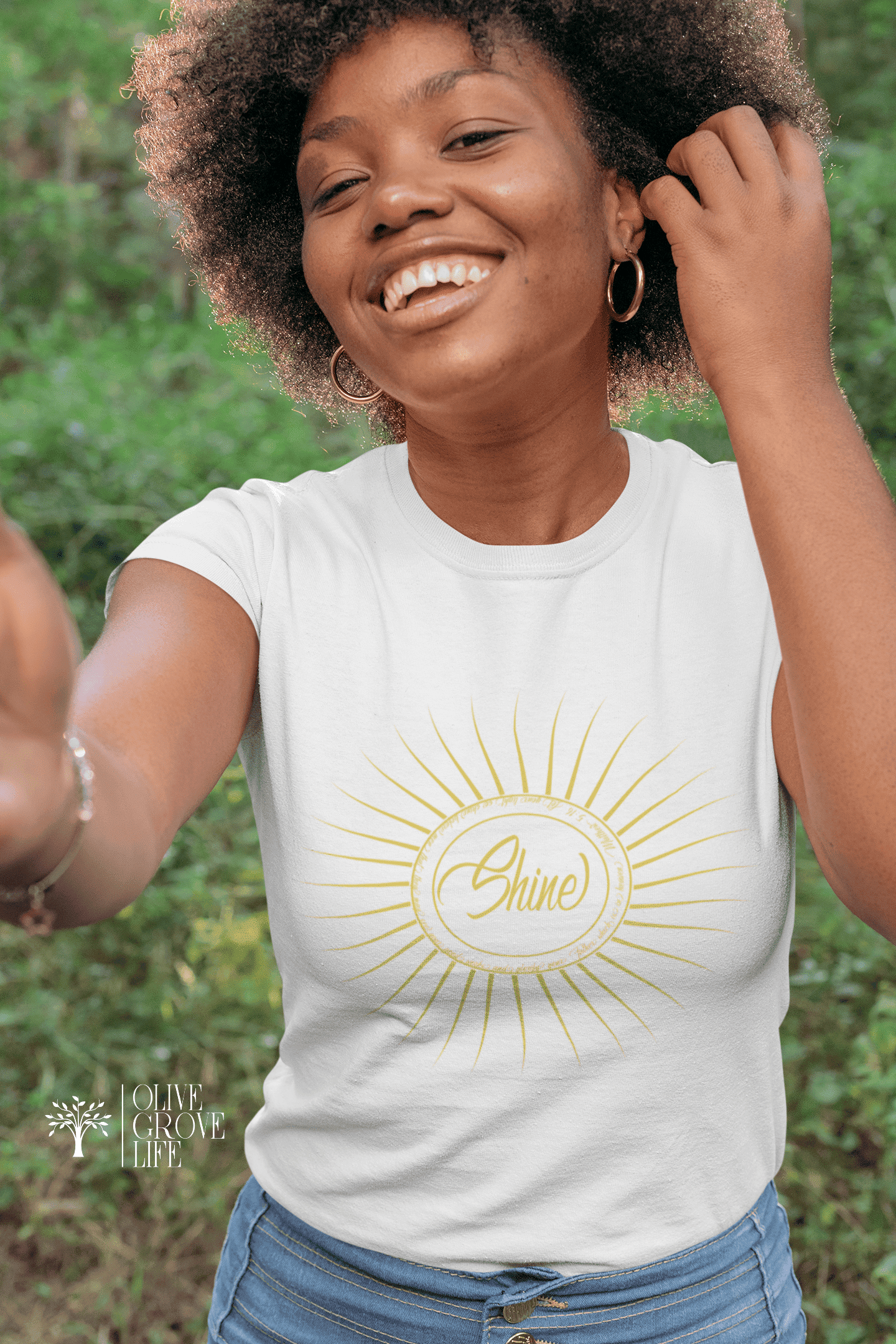 Matthew 5:16 Shine Short-Sleeve Unisex T-Shirt White on smiling woman outdoors