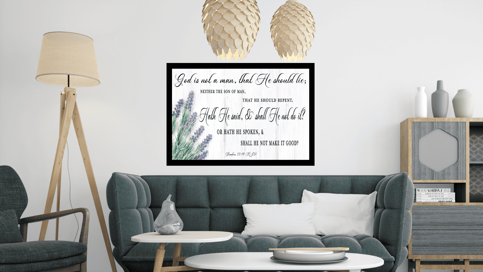 Numbers 23:19 Art Print in living room above couch