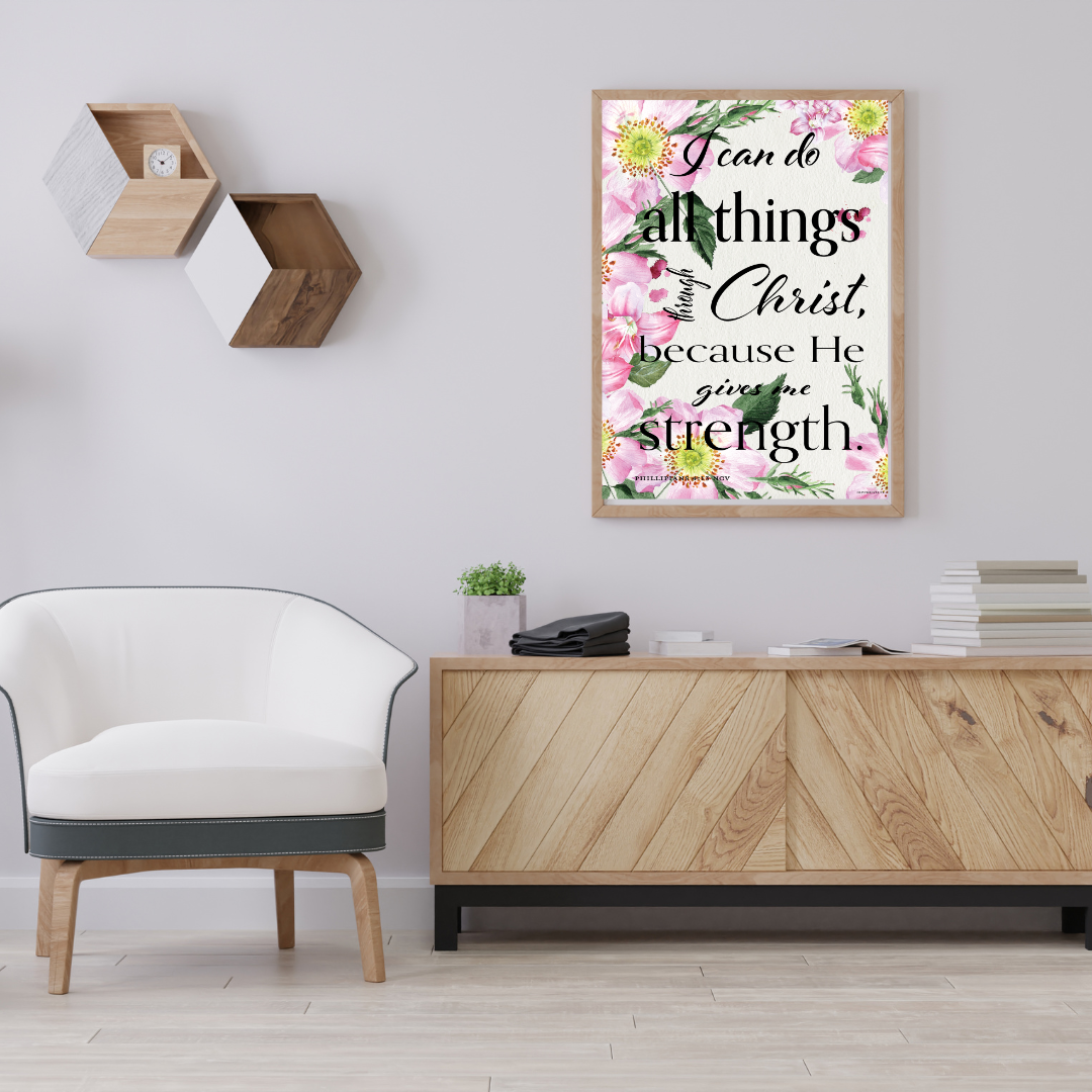 Philippians 4:13 Bible verse art print in living room above cabinet
