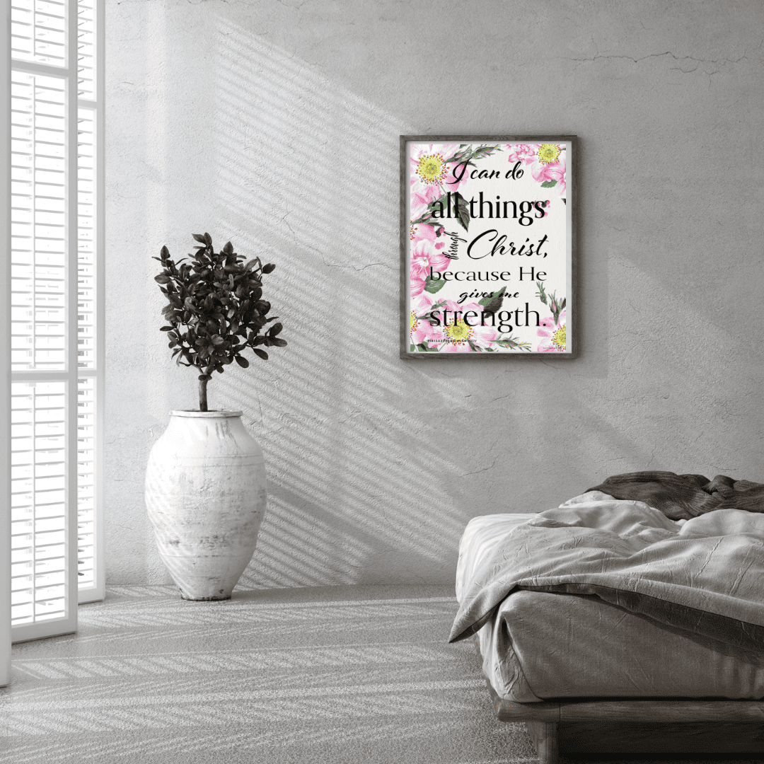 Philippians 4:13 Bible verse art print in bedroom on side wall