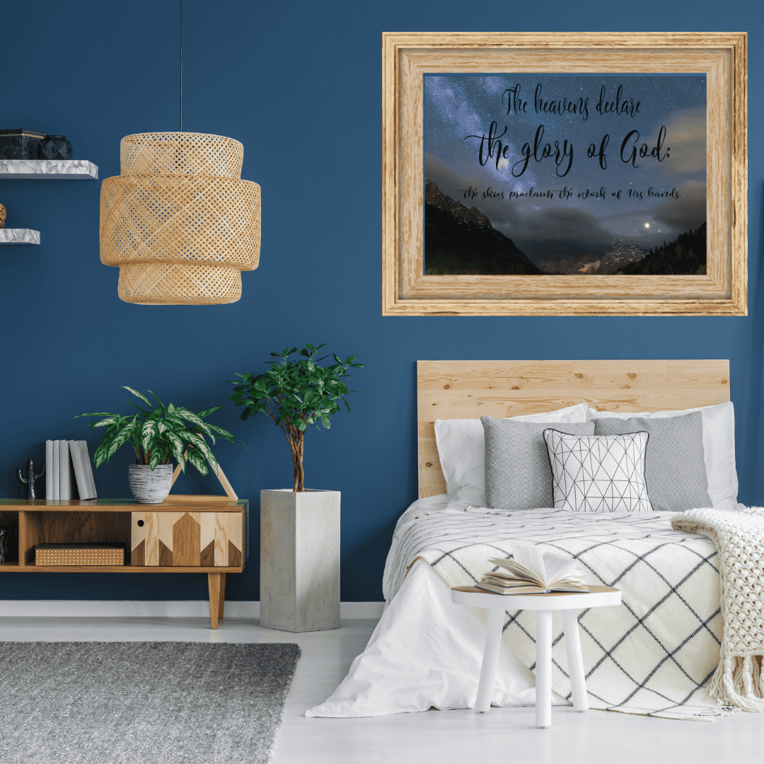 Psalm 19:1 Art Print - in blue walled bedroom over bed