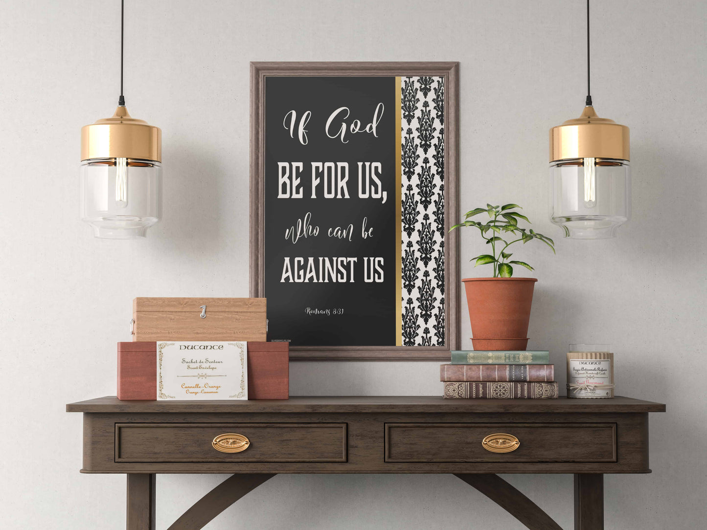 Romans 8:31 Bible verse art print - over dark wood table 