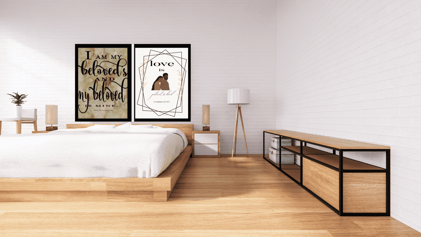 Song of Solomon 6:3 Art Print and 1 Corinthians 13:4 in bedroom above bed