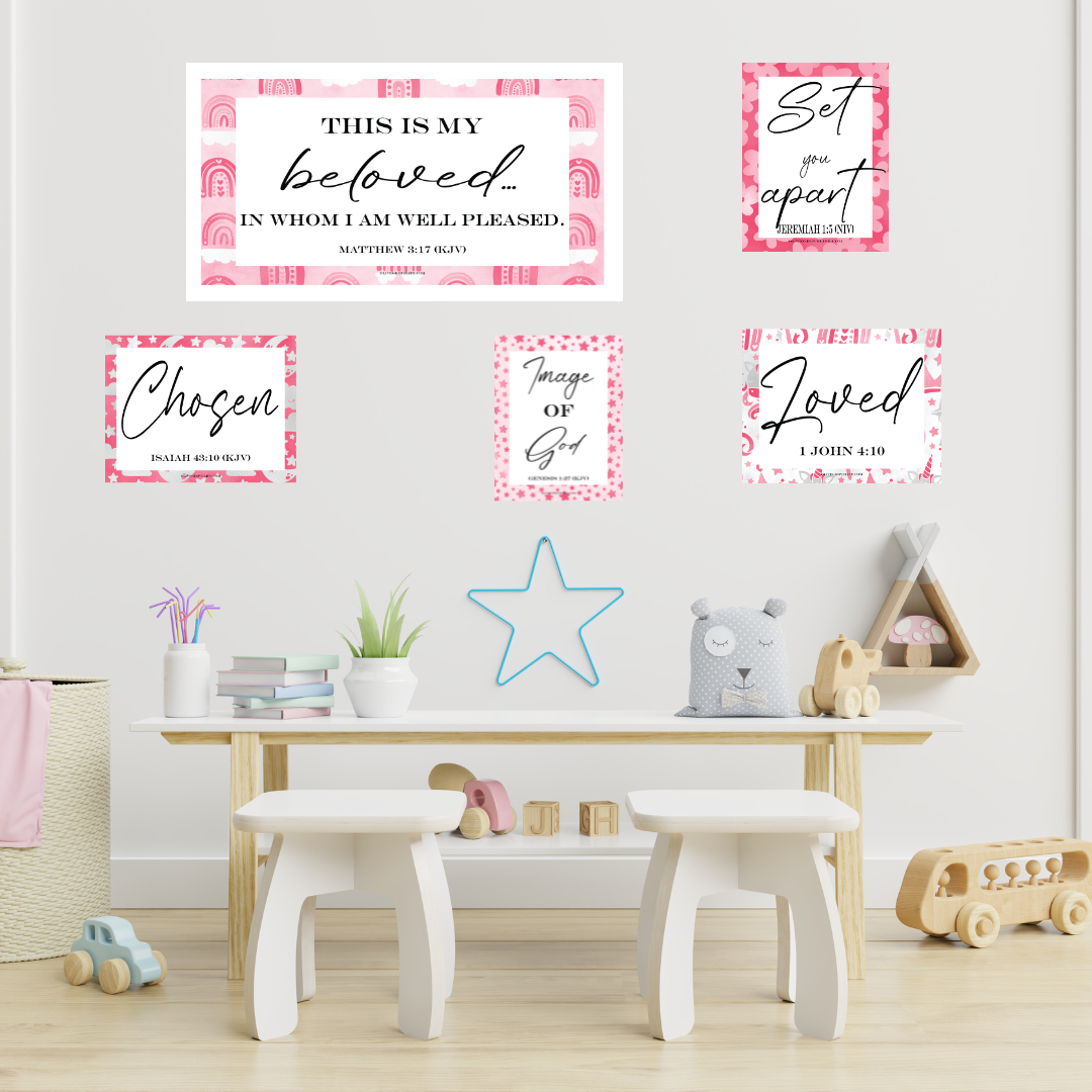 Soft pink Spiritual Identity 5 pack art prints - above little girl's desk