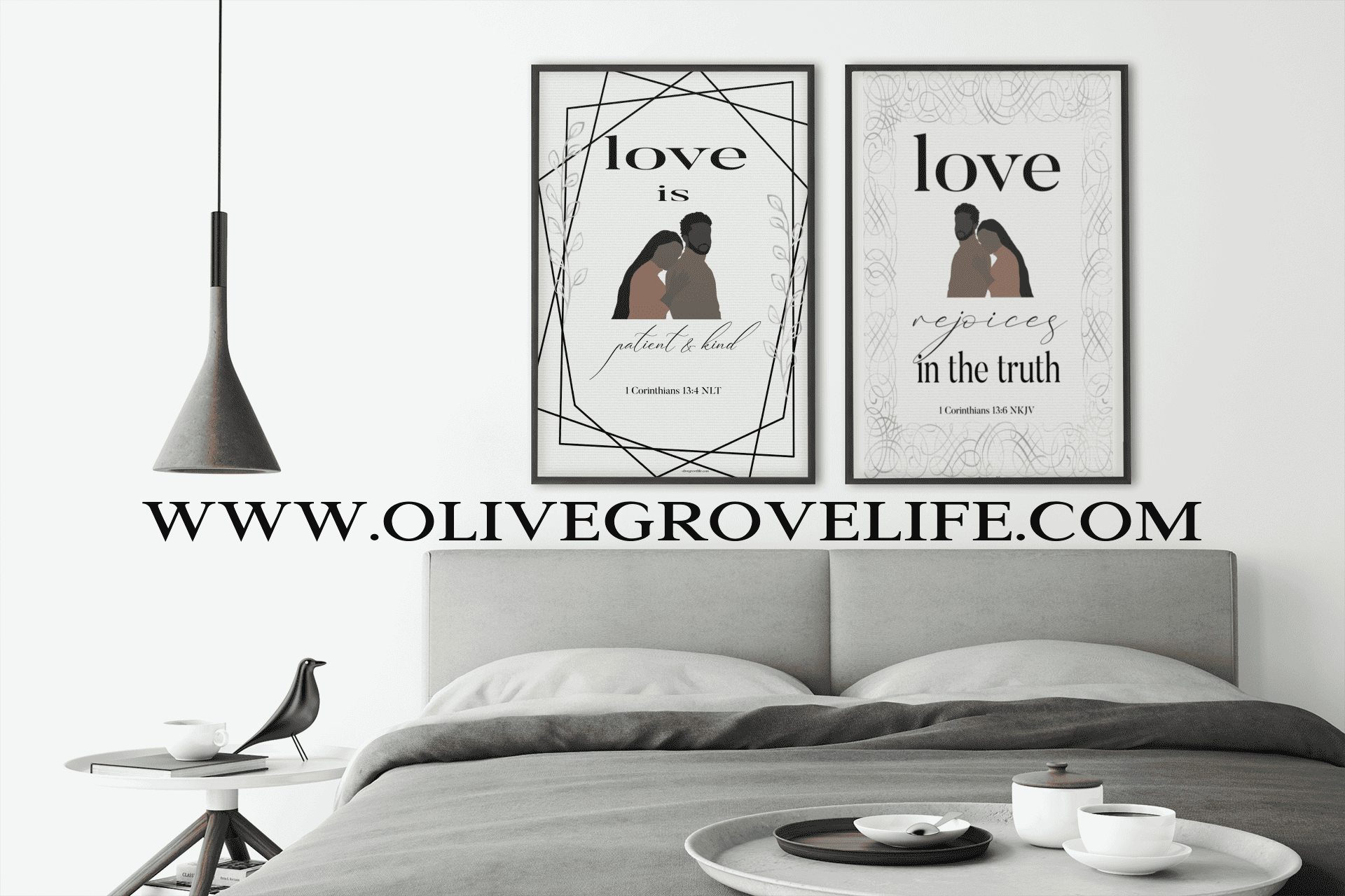 1 Corinthians 13:4 art print and 1 Corinthians 13:6 art print over bed
