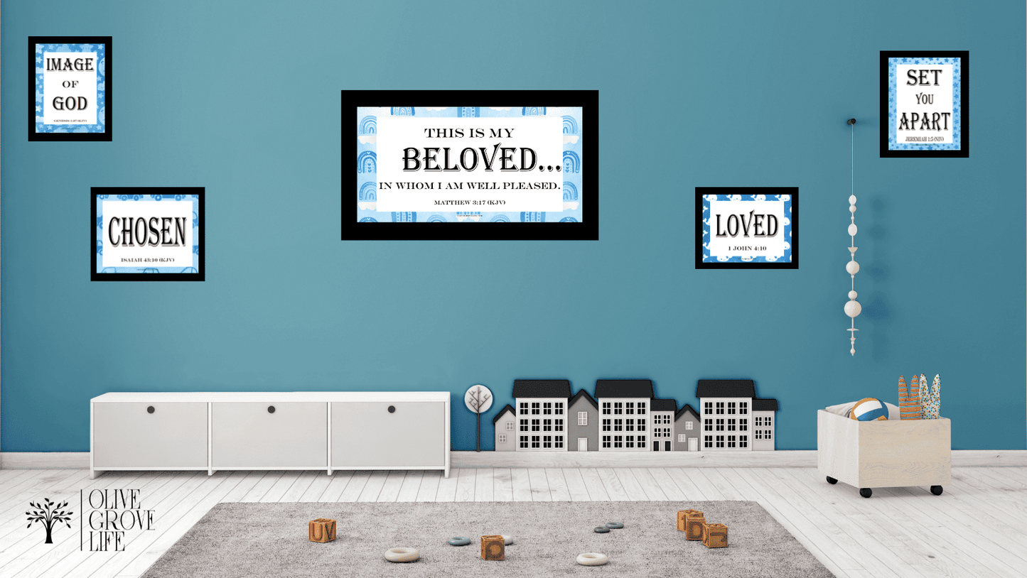 You Are 5 pack art prints - on blue wall in front gray rug with toys