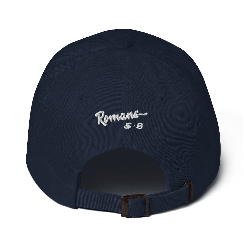 But God Romans 5:8 Classic Hat navy back view