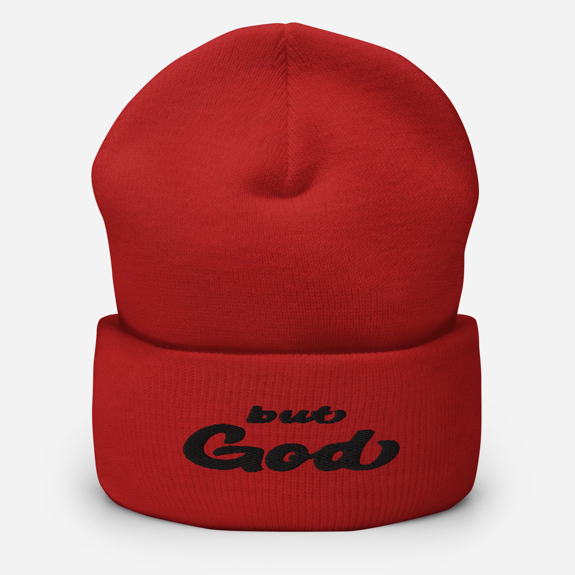 But God Embroidered Cuffed Beanie red