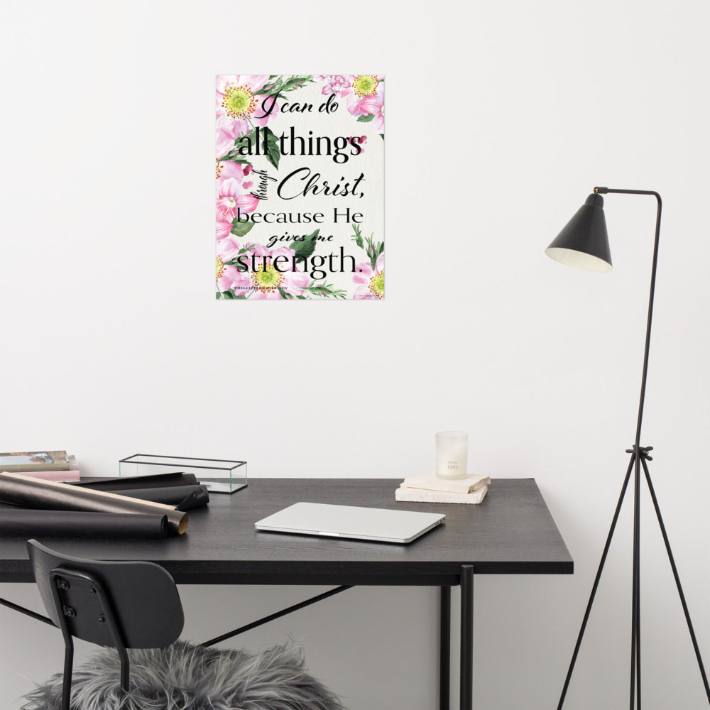 Philippians 4:13 Bible verse art print above desk