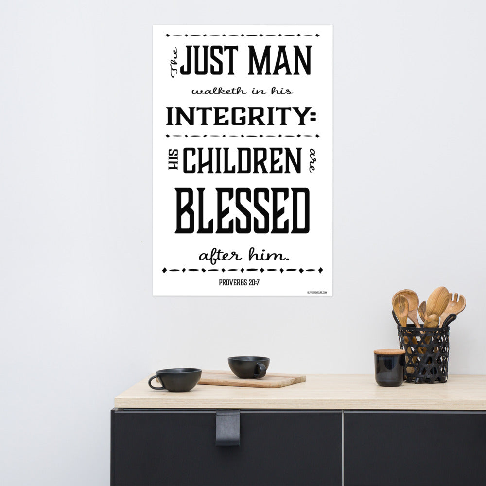 Proverbs 20:7 Art Print above kitchen counter