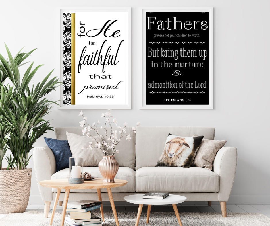 Ephesians 6:4 Art Print and Hebrews 10:23 Art Print living room mockup