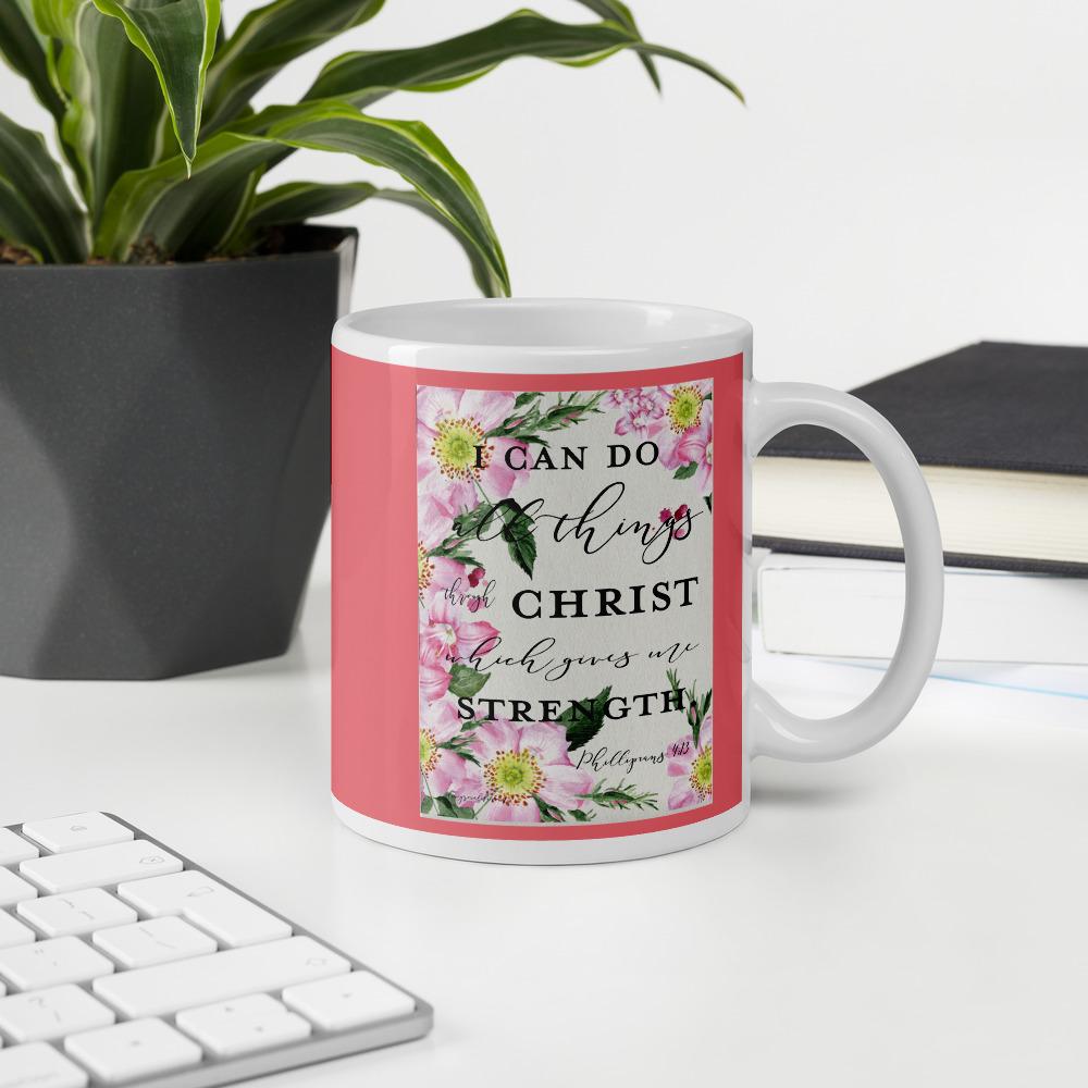 Philippians 4 And 13 Floral - Mug with potted plant, books, and computer keyboard