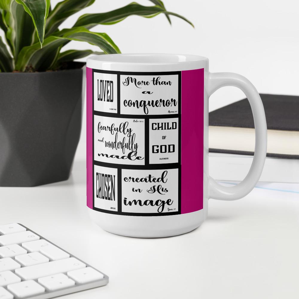 Spiritual Identity Mug with books, potted plant, and computer keyboard closeup