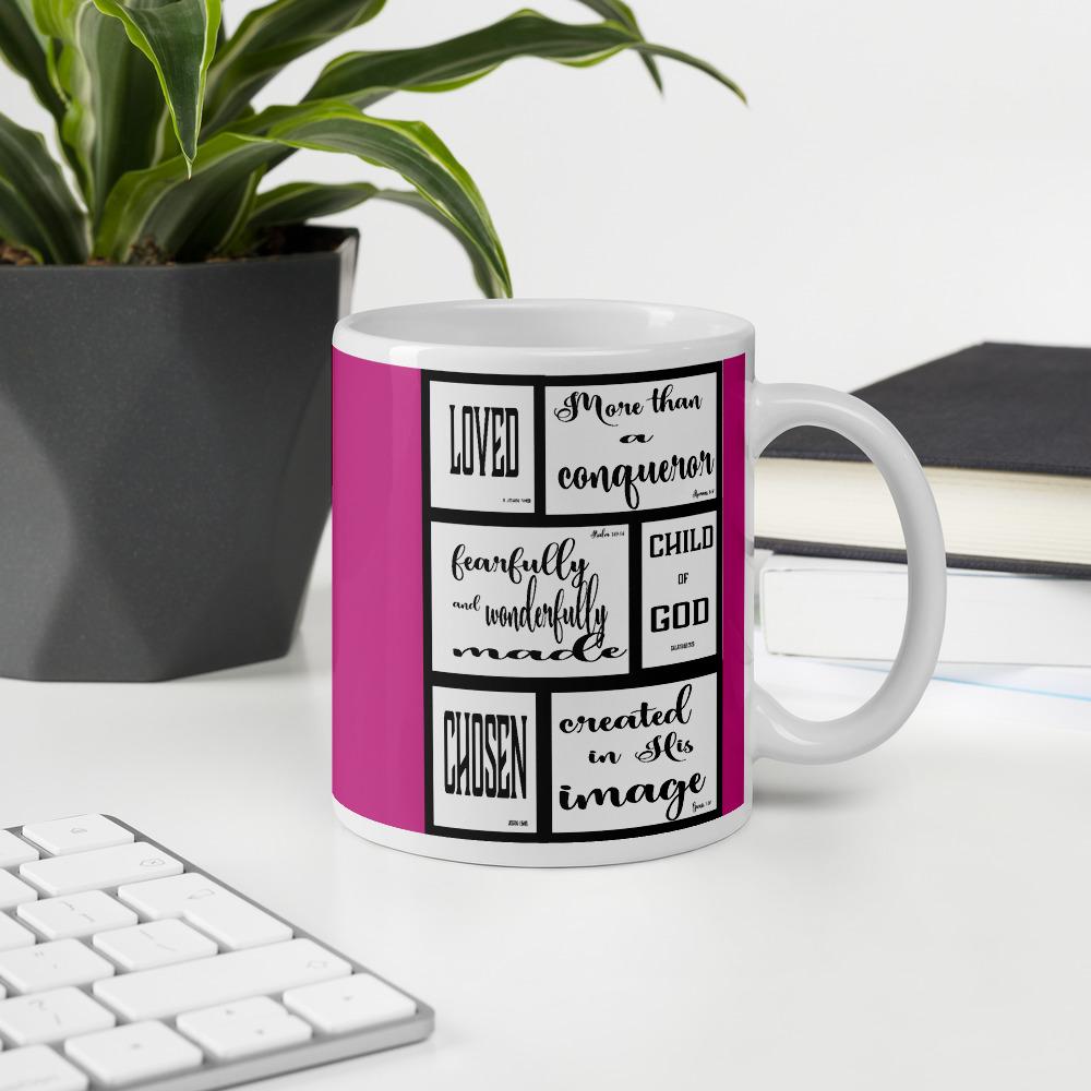 Spiritual Identity Mug with books, potted plant, and computer keyboard