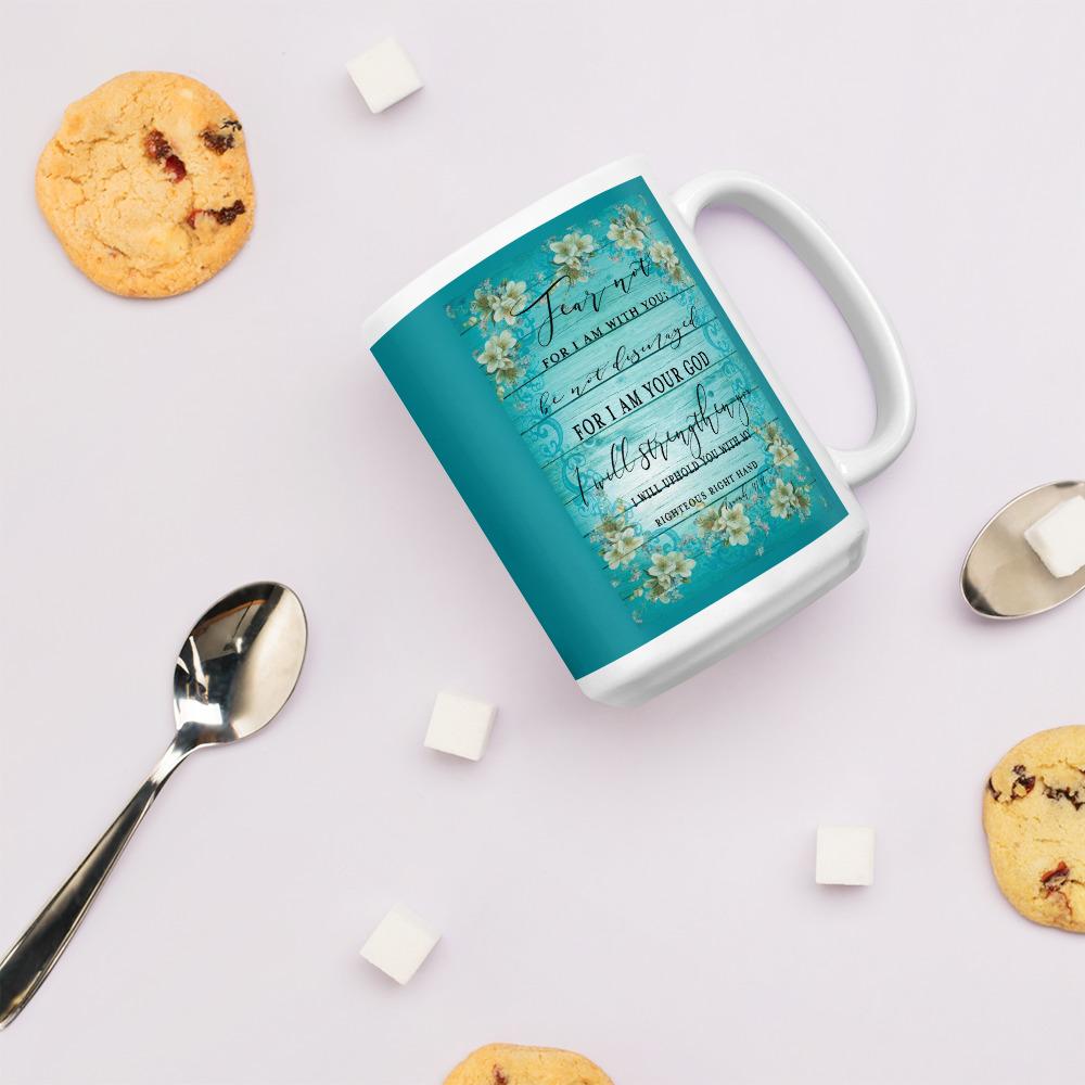 Isaiah 41 And 10 Fear Not Floral Mug with cookies, spoons, and sugar cubes