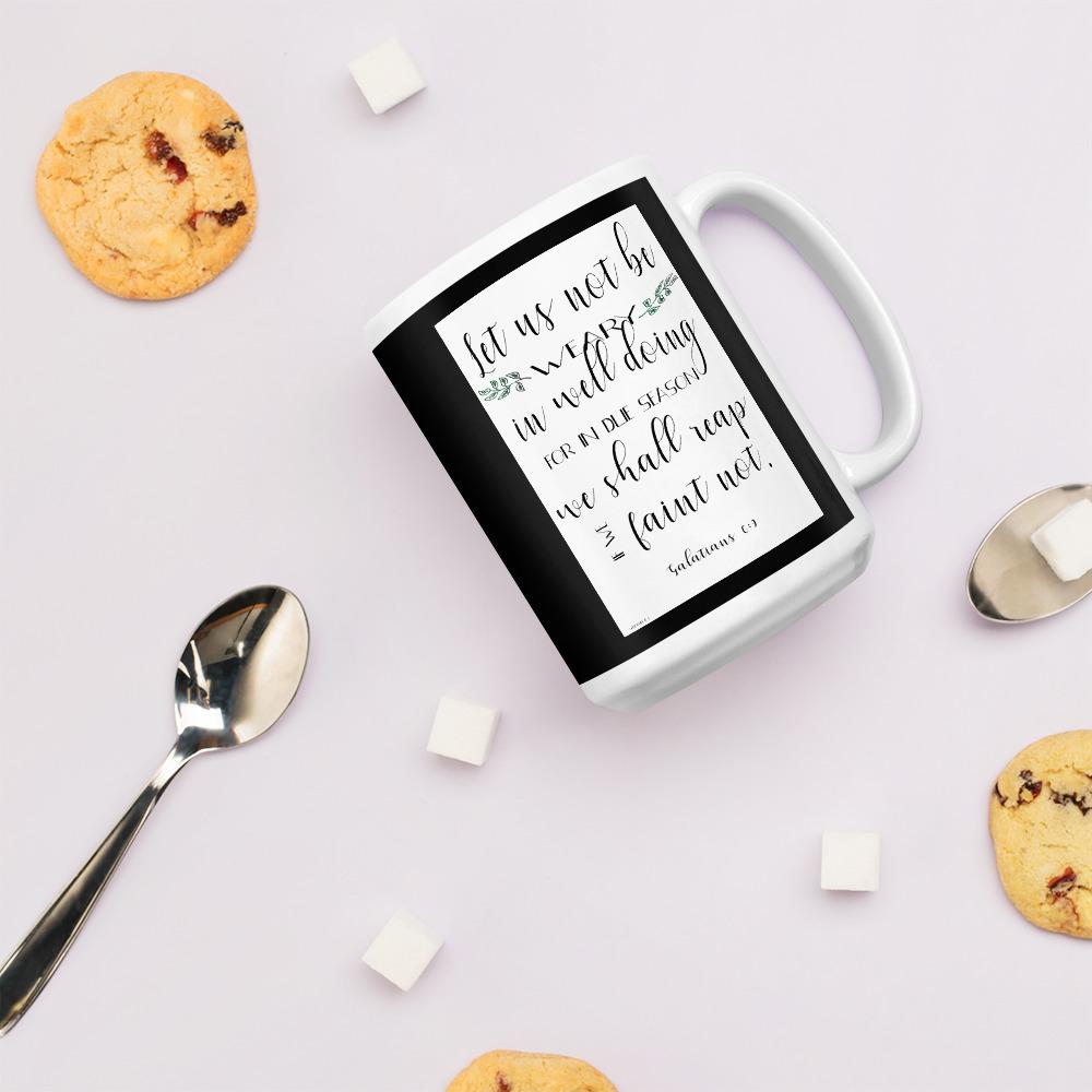 Galatians 6:9 Ceramic Mug with spoons, sugar cubes, and cookies