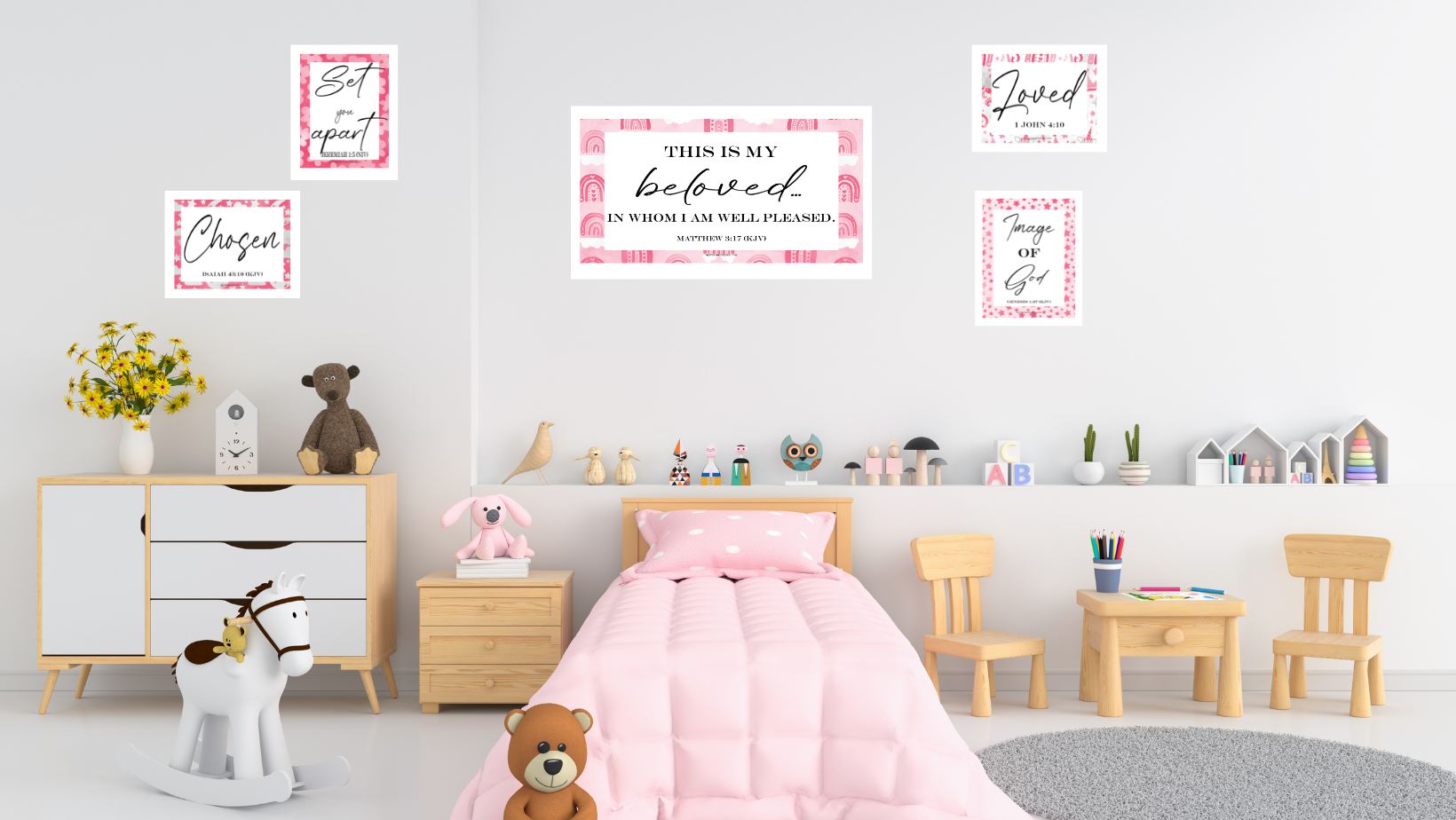 Soft pink Spiritual Identity 5 pack art prints - in little girl's bedroom
