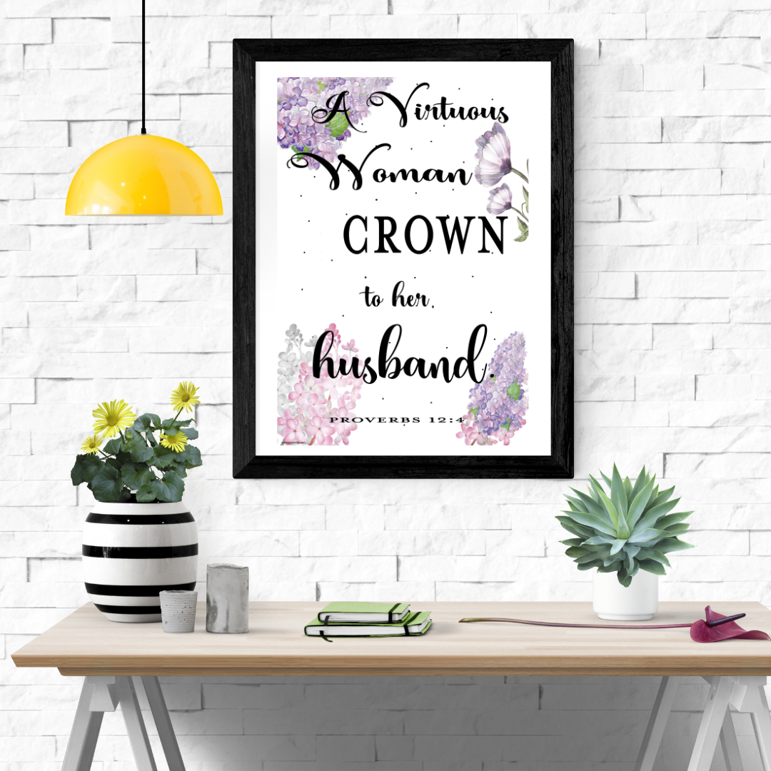 Proverbs 12:4 Bible Verse Art Print over desk with potted plants
