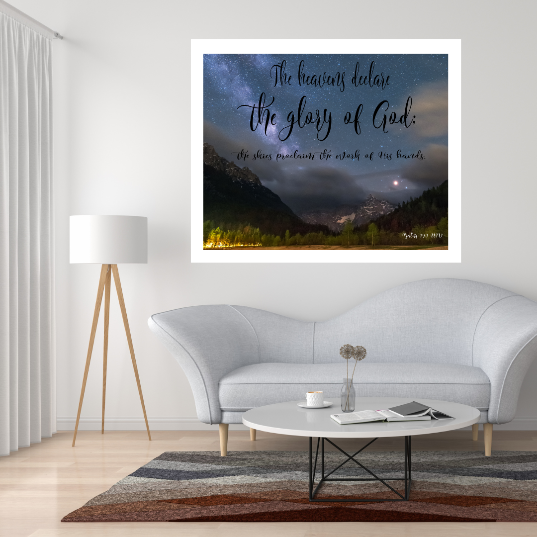 Psalm 19:1 Art Print - in white living room above couch with dark colored rug