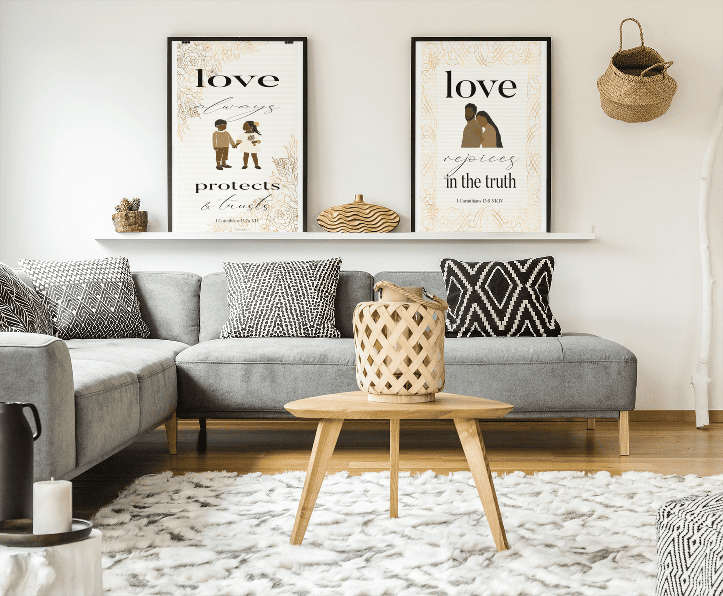 1 Corinthians 13:6 NKJV Art Print and 1 Corinthians 13:7a Art Print in living room