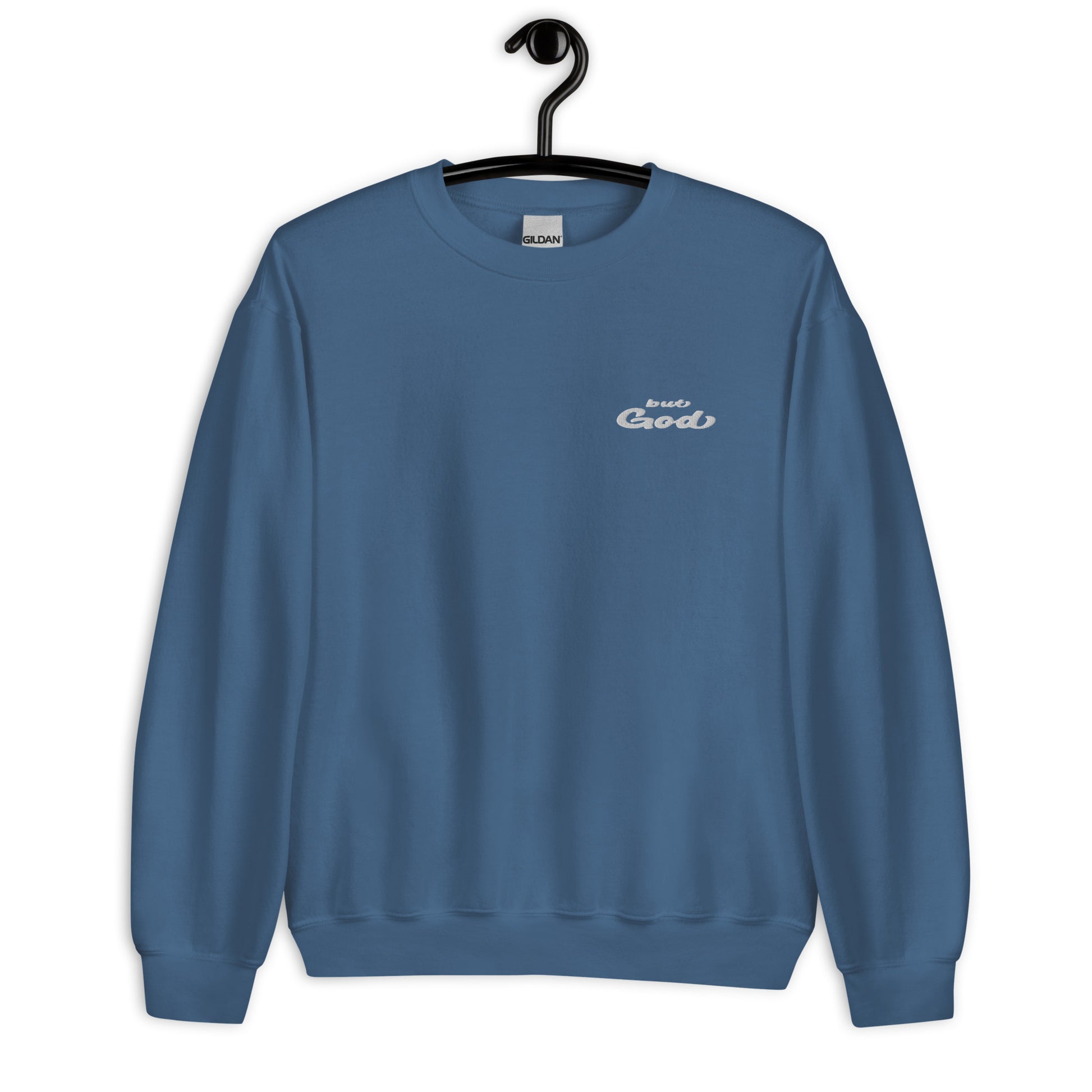 But God Embroidered Unisex Sweatshirt indigo blue on hanger