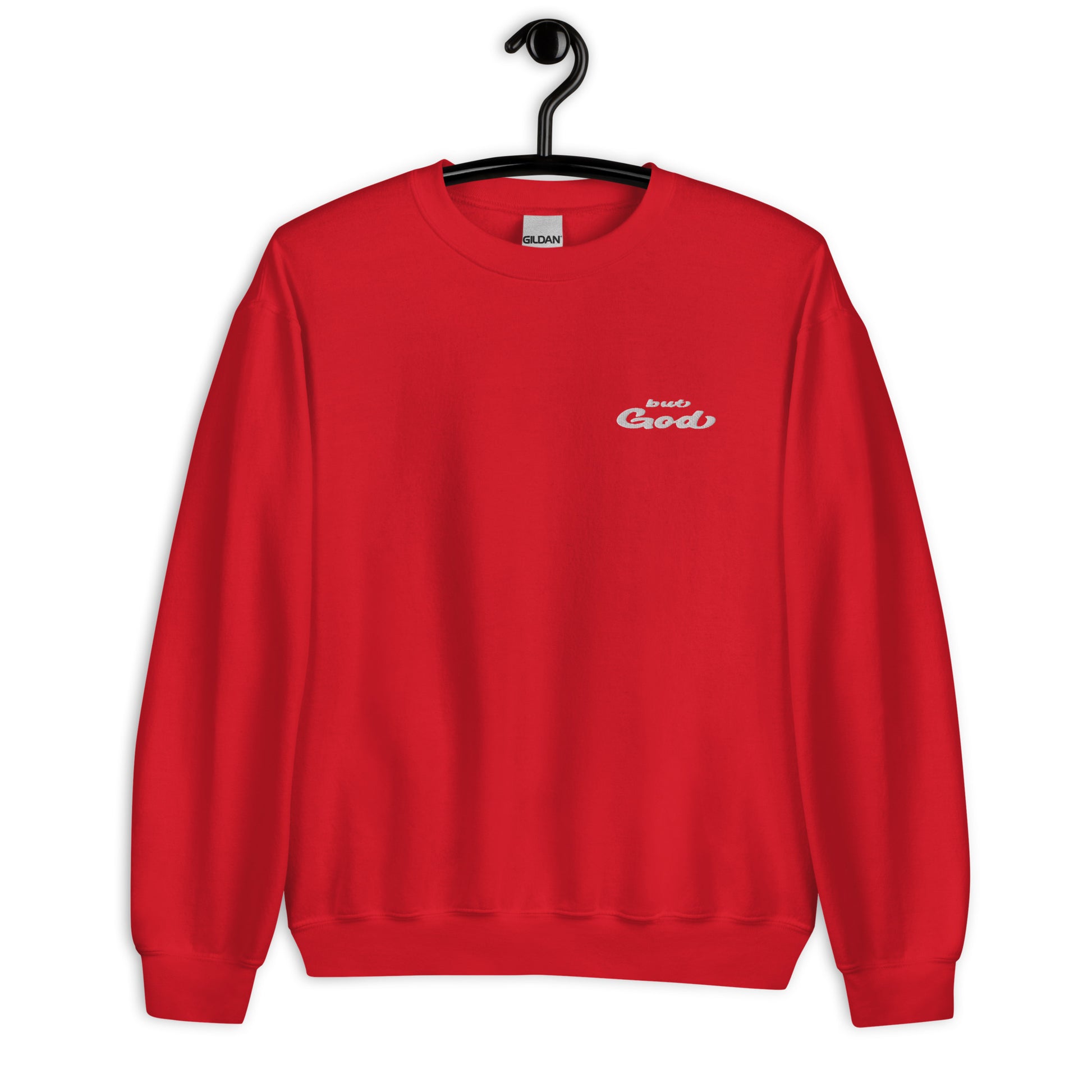 But God Embroidered Unisex Sweatshirt red on hanger