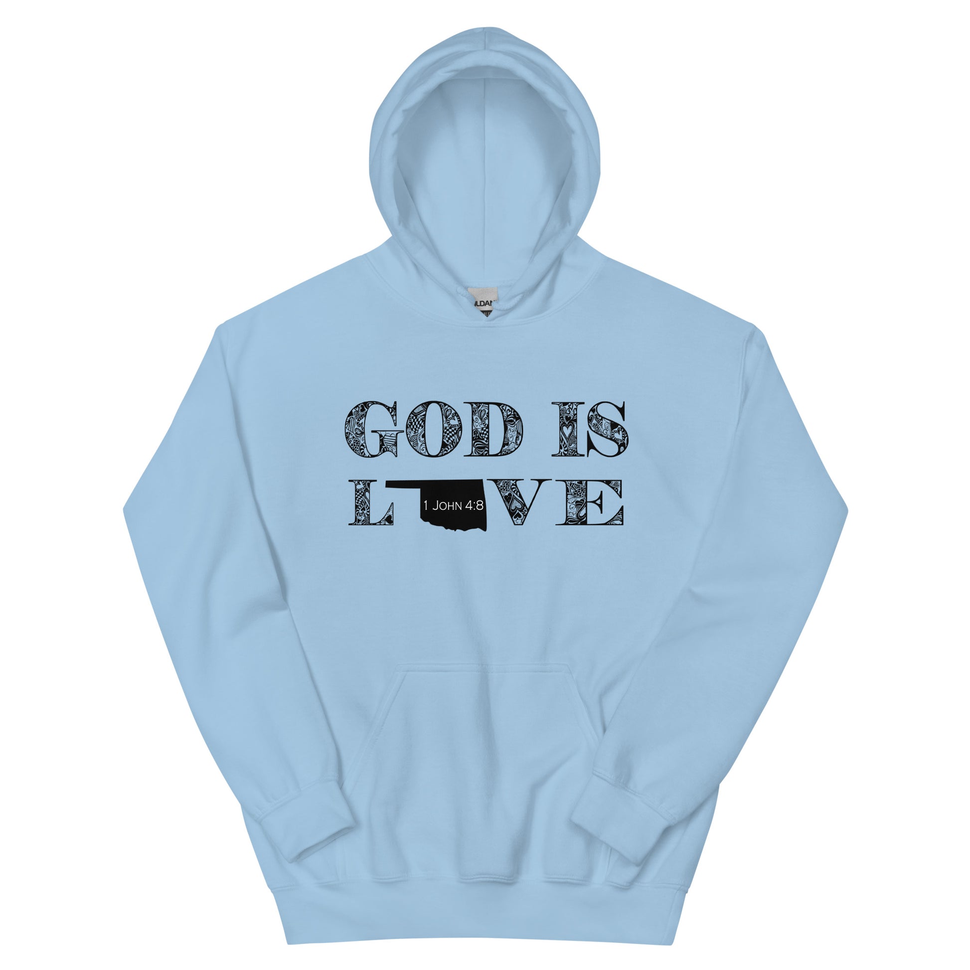 1 John 4:8 God Is Love Unisex Oklahoma Hoodie in Light Blue - front view with hood up
