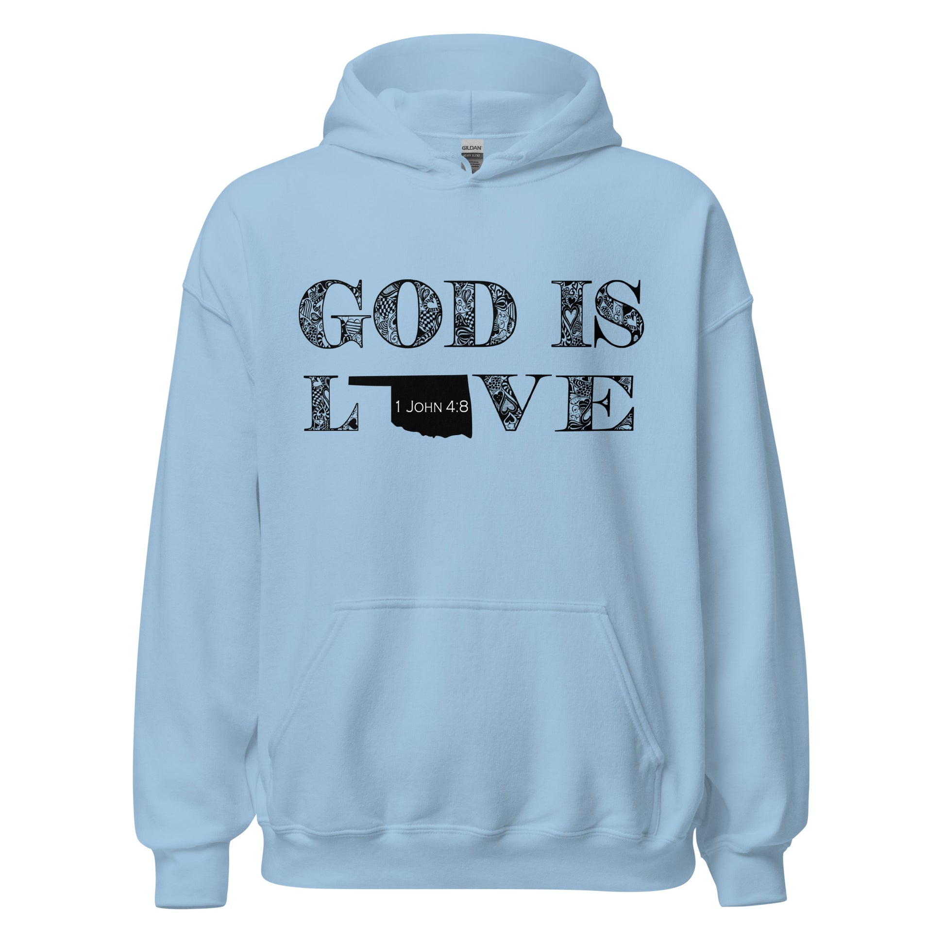 1 John 4:8 God Is Love Unisex Oklahoma Hoodie in Light Blue - front view with hood down