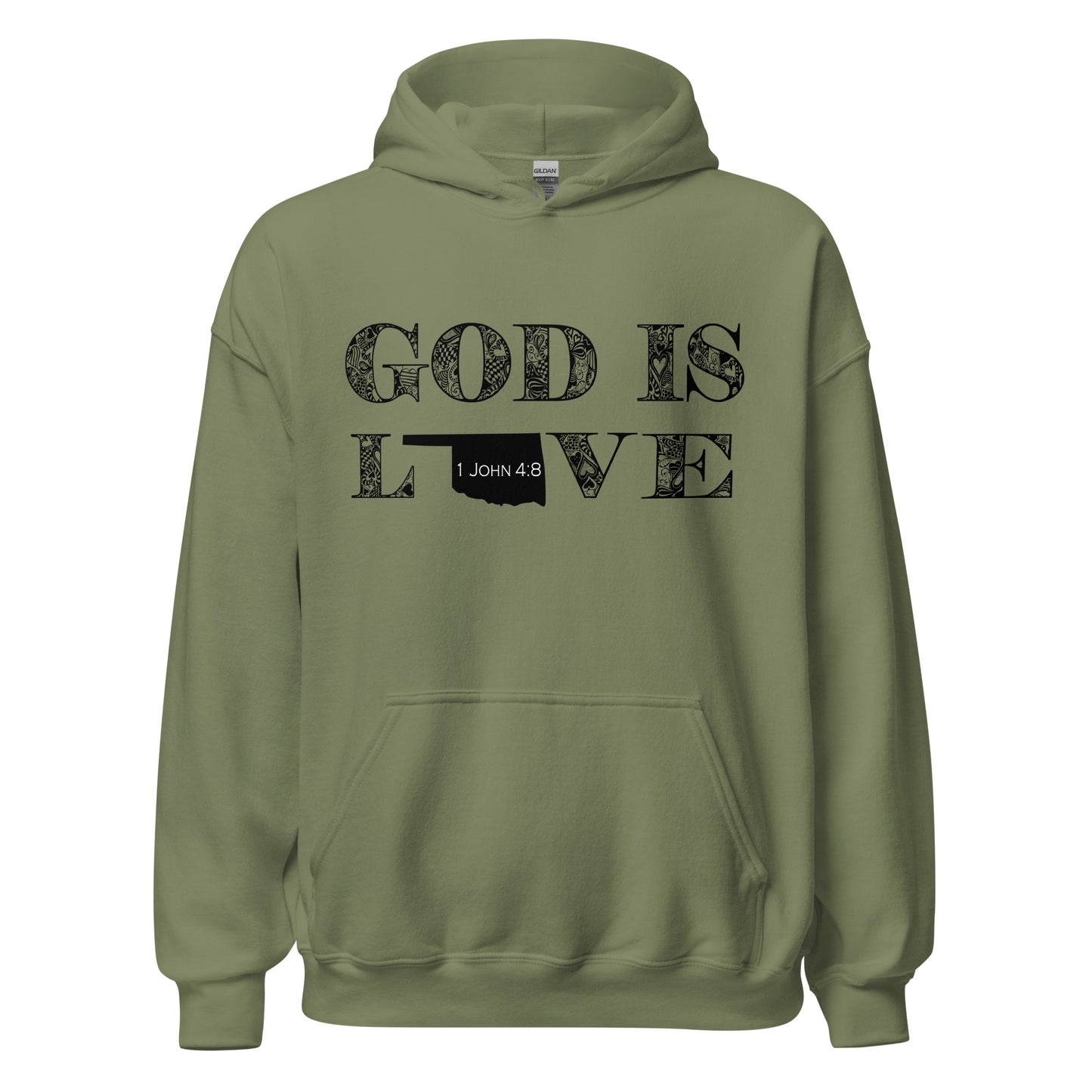1 John 4:8 God Is Love Unisex Oklahoma Hoodie in Military Green - front view with hood down