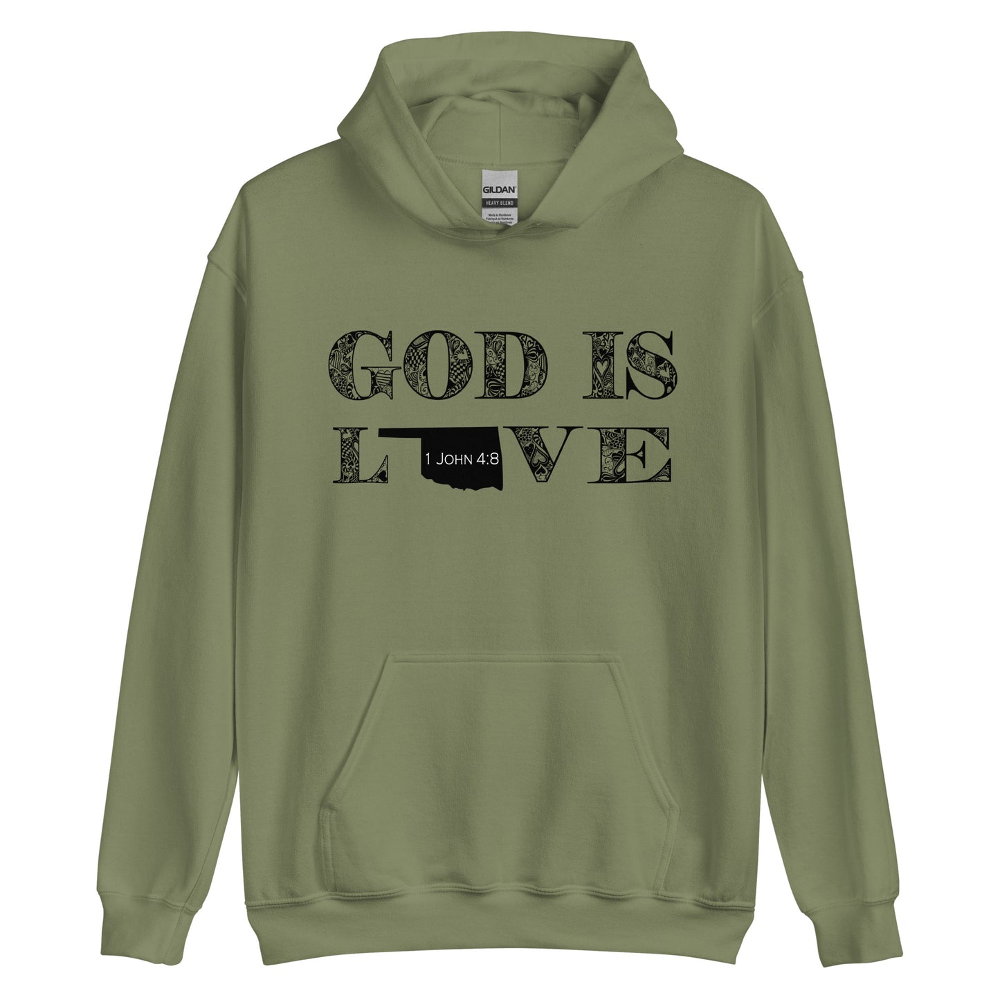 1 John 4:8 God Is Love Unisex Oklahoma Hoodie in Military Green - front view with hood down