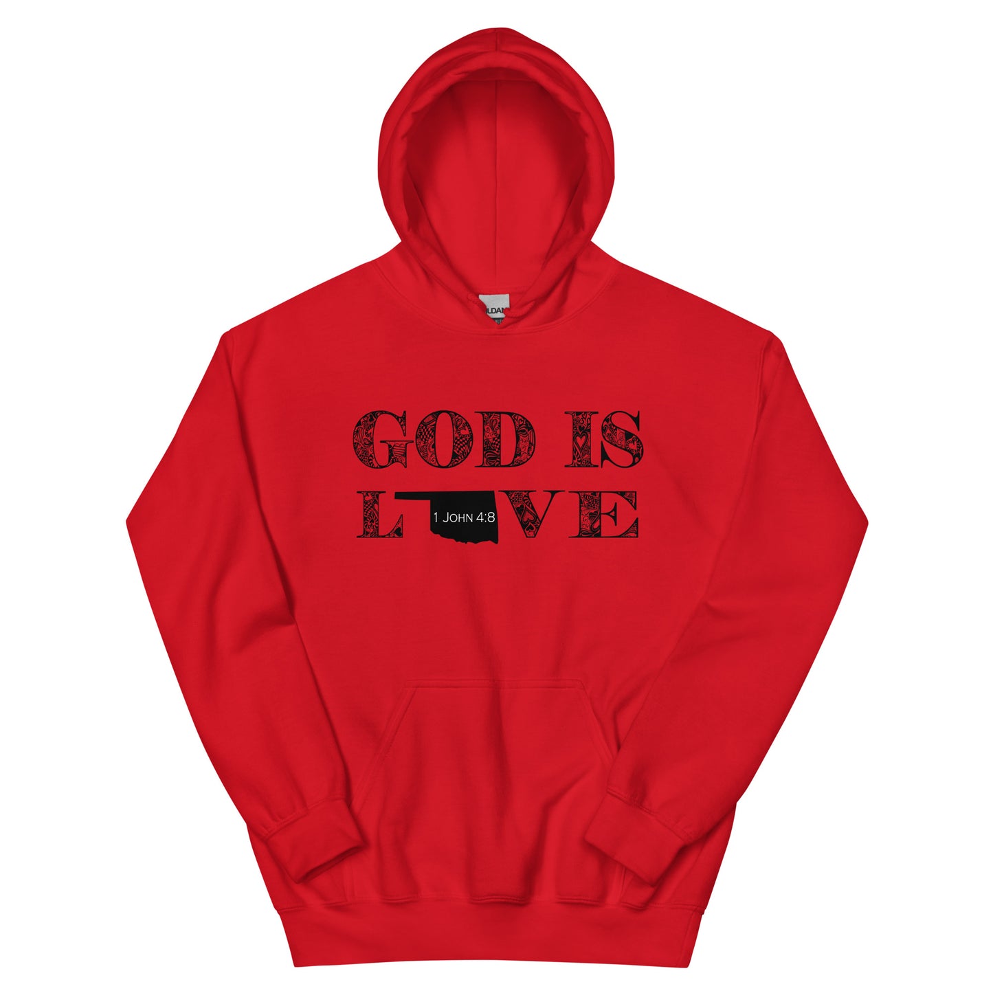 1 John 4:8 God Is Love Unisex Oklahoma Hoodie in Red - front view