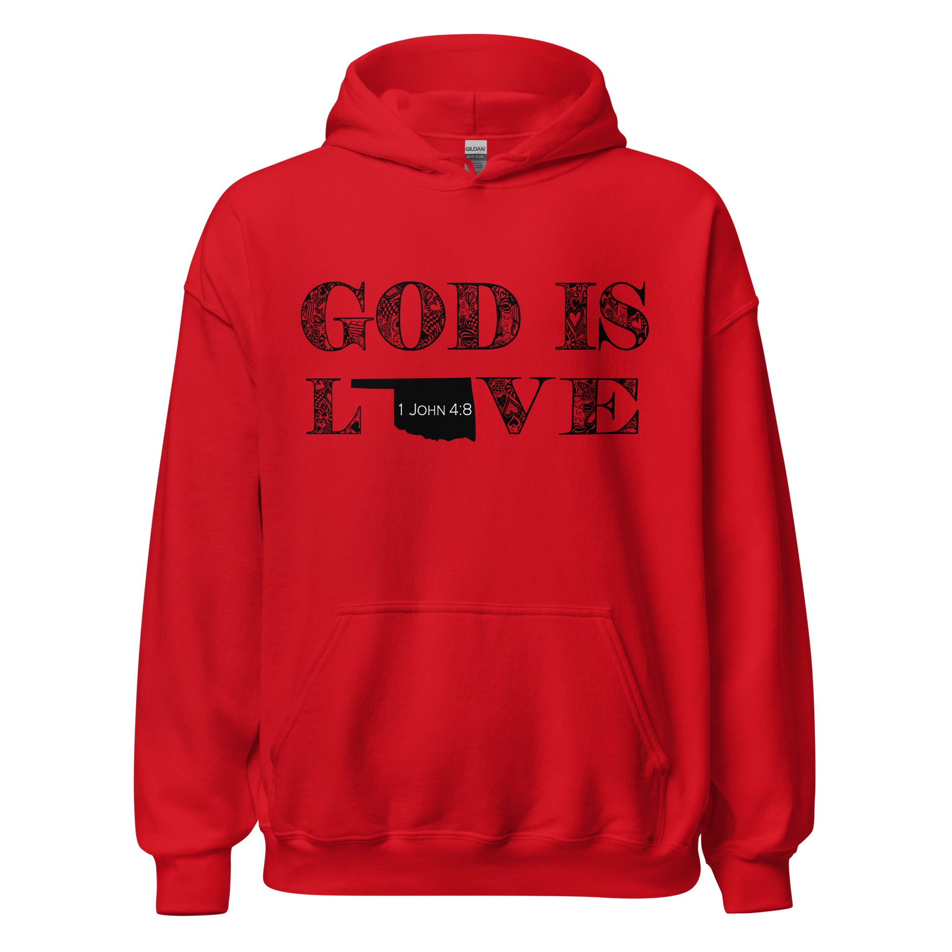 1 John 4:8 God Is Love Unisex Oklahoma Hoodie in Red - front view with hood down
