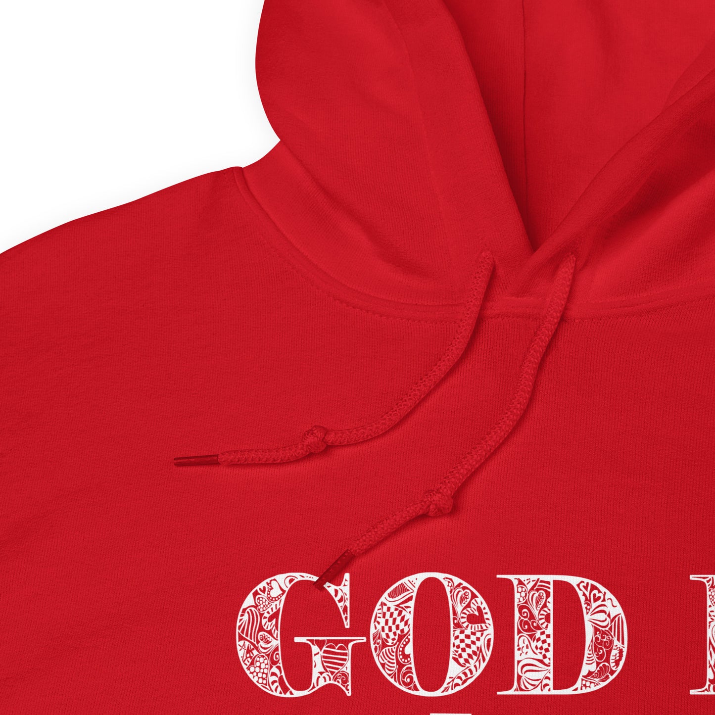 1 John 4:8 God Is Love Unisex Texas Hoodie in Red - closeup of neckline