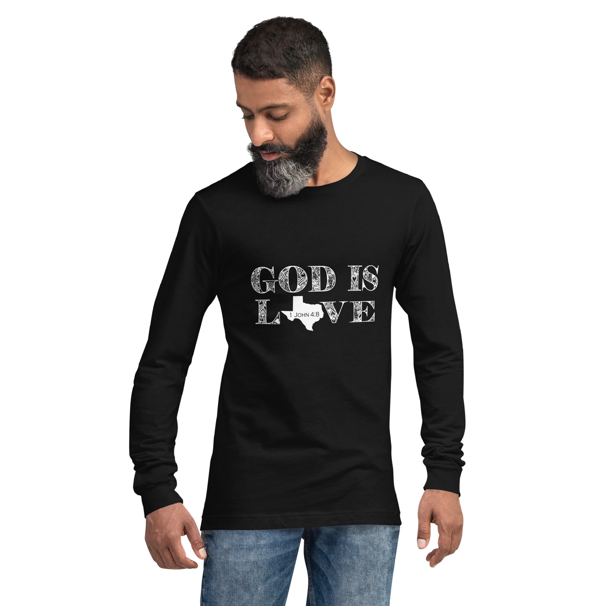 1 John 4:8 God is Love Unisex Long Sleeve Tee (Texas) in Black - modeled on bearded man