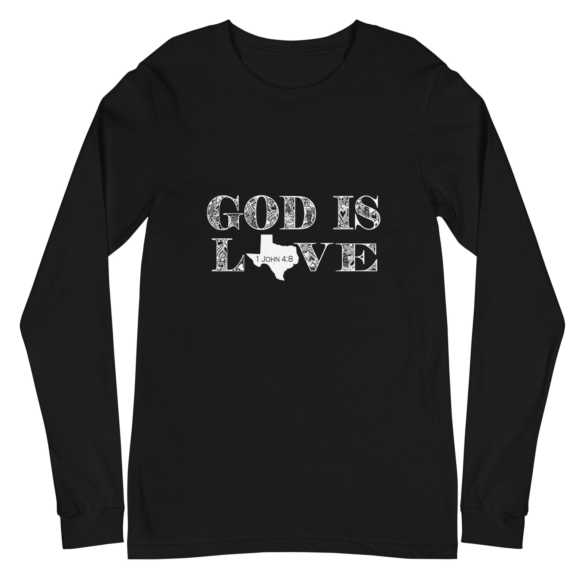 Graphic Christian black long-sleeve tee with 1 John 4:8 on it. This piece of Christian apparel is a reminder of who God is. Grab this unique long-sleeve tee from the Christian-based company Olive Grove Life.