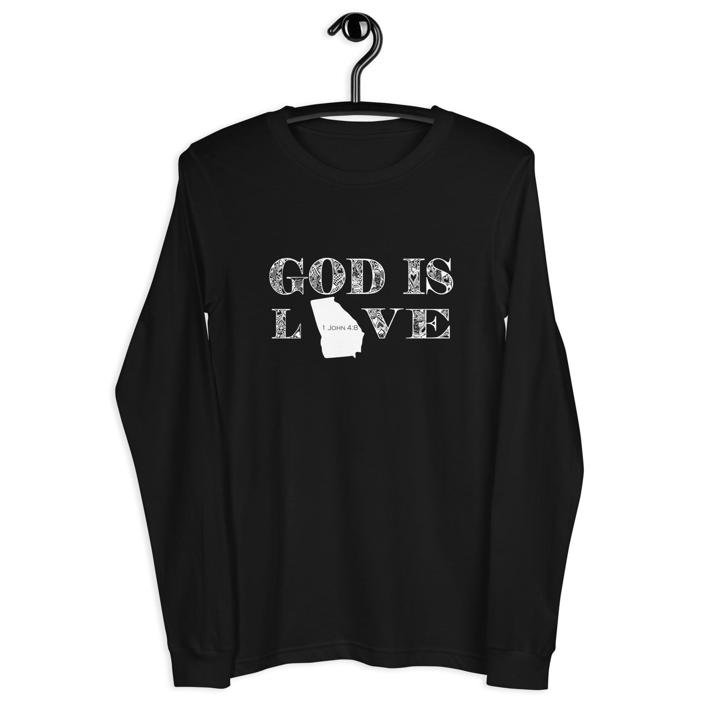 1 John 4:8 God is Love Georgia Long Sleeve Tee in Black - on hanger