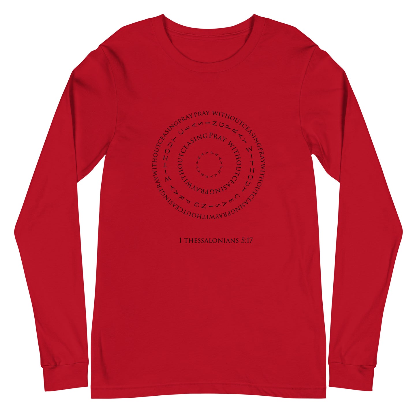 Graphic Christian red long-sleeve tee with 1 Thessalonians 5:17 on it. This piece of Christian apparel is a reminder the power of prayer. Grab this unique long-sleeve tee from the Christian-based company Olive Grove Life.