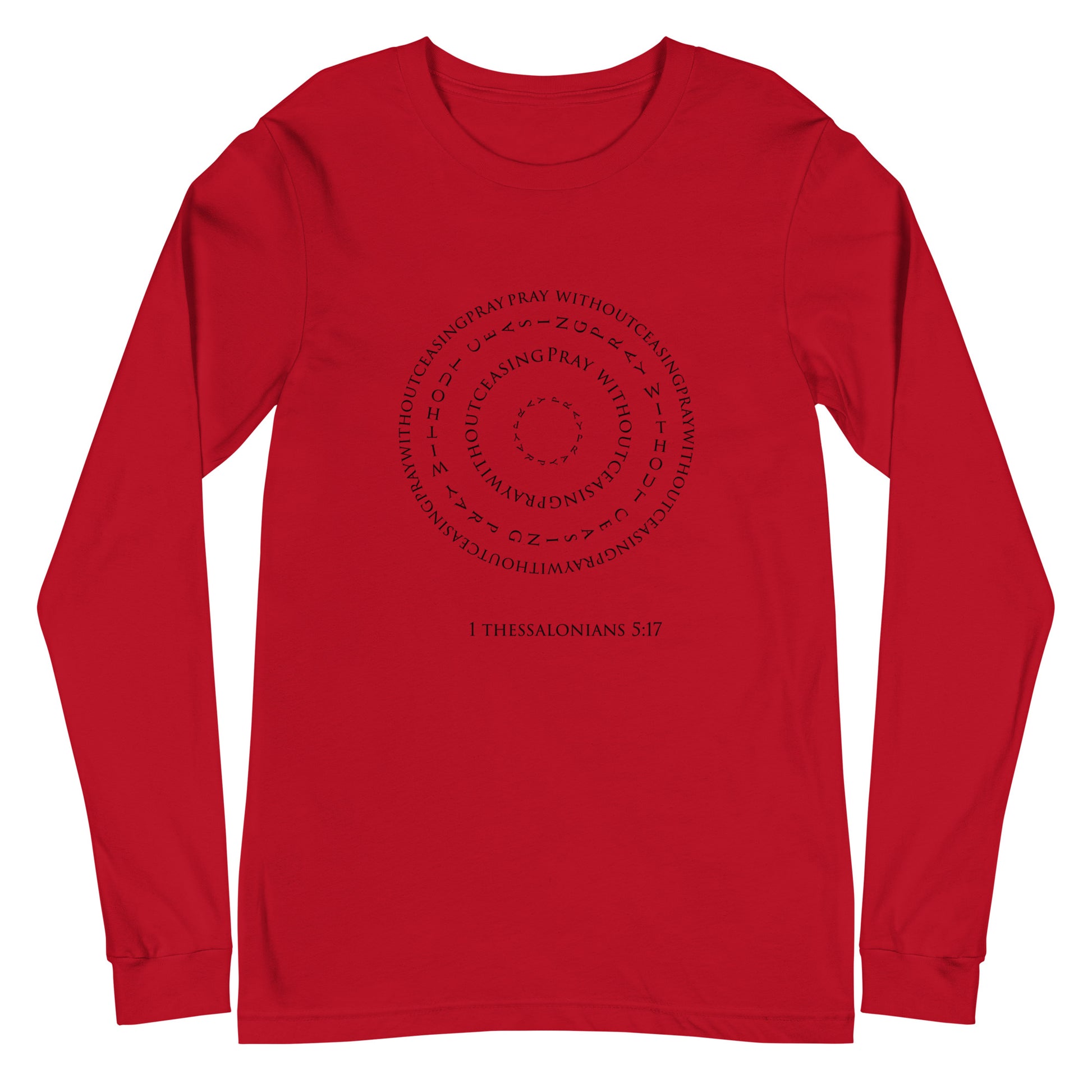 Graphic Christian red long-sleeve tee with 1 Thessalonians 5:17 on it. This piece of Christian apparel is a reminder the power of prayer. Grab this unique long-sleeve tee from the Christian-based company Olive Grove Life.