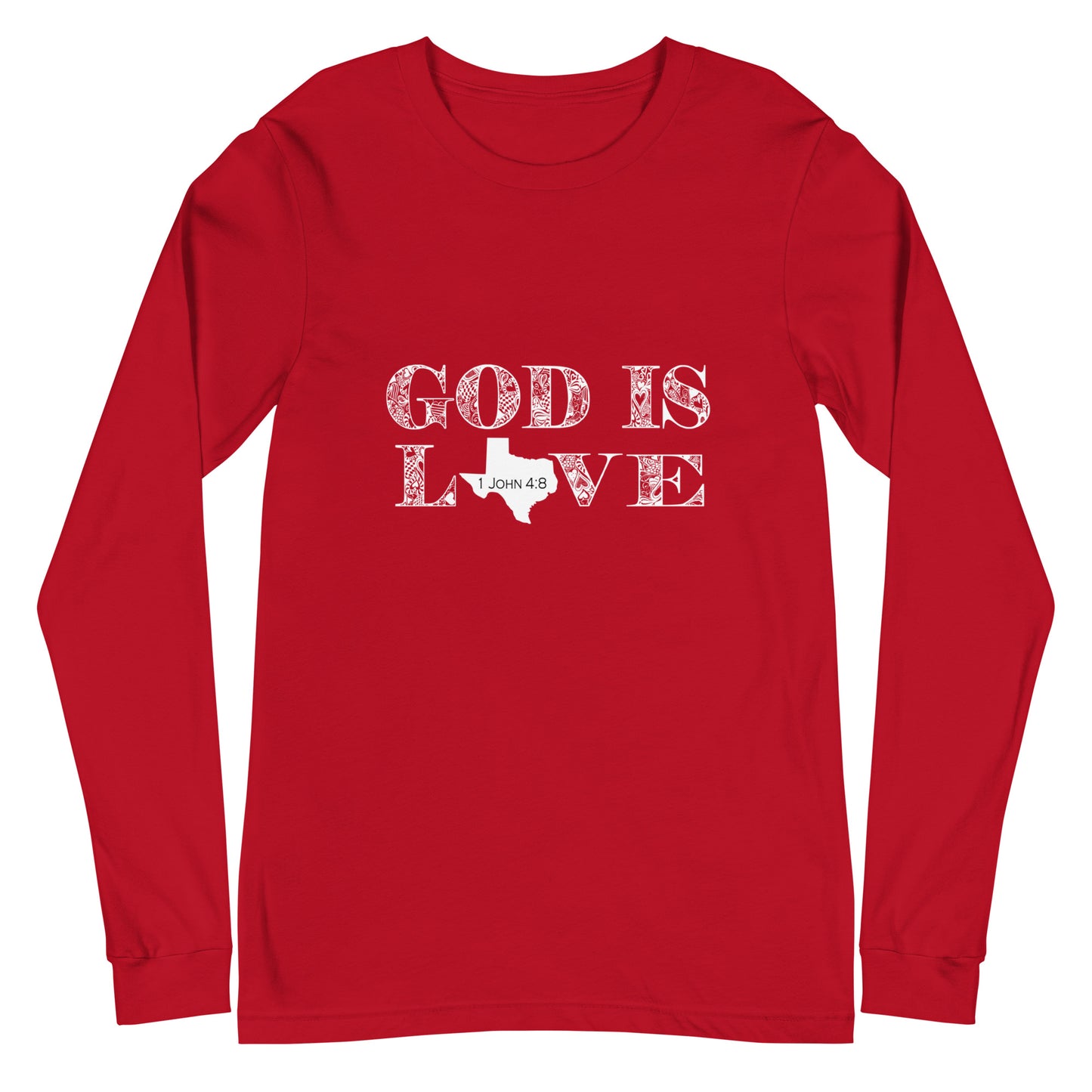 Graphic Christian red long-sleeve tee with 1 John 4:8 on it. This piece of Christian apparel is a reminder of who God is. Grab this unique long-sleeve tee from the Christian-based company Olive Grove Life.