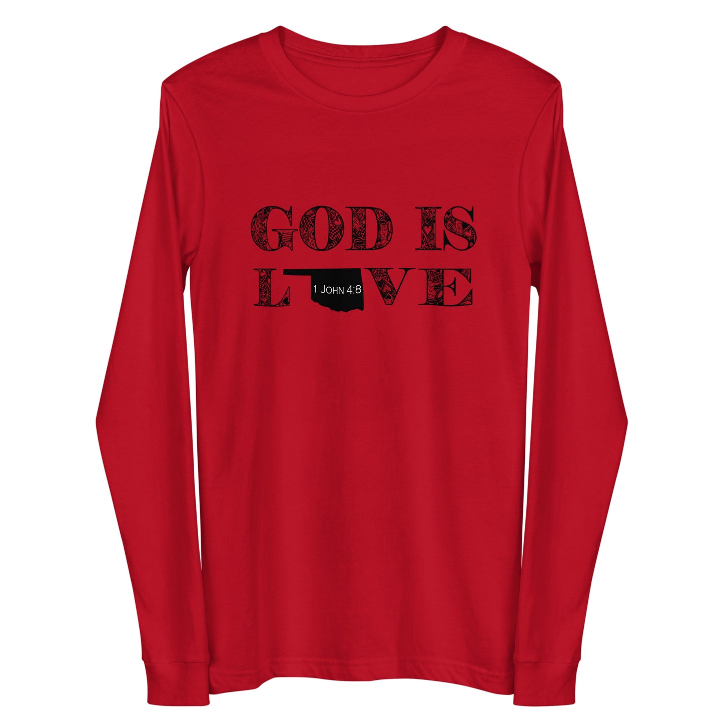 1 John 4:8 God is Love Unisex Long Sleeve Oklahoma Tee in Red - front view