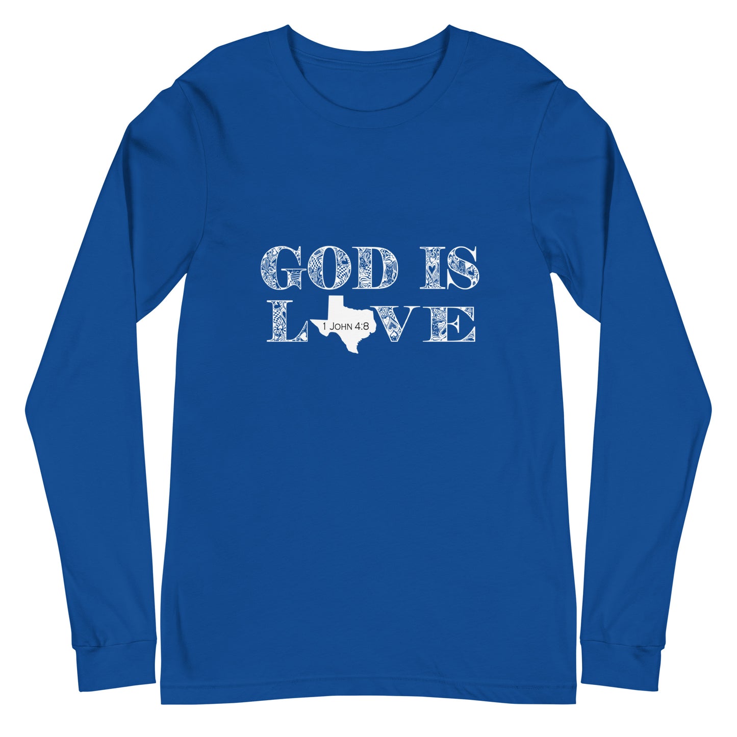 Graphic Christian true royal long-sleeve tee with 1 John 4:8 on it. This piece of Christian apparel is a reminder of who God is. Grab this unique long-sleeve tee from the Christian-based company Olive Grove Life.