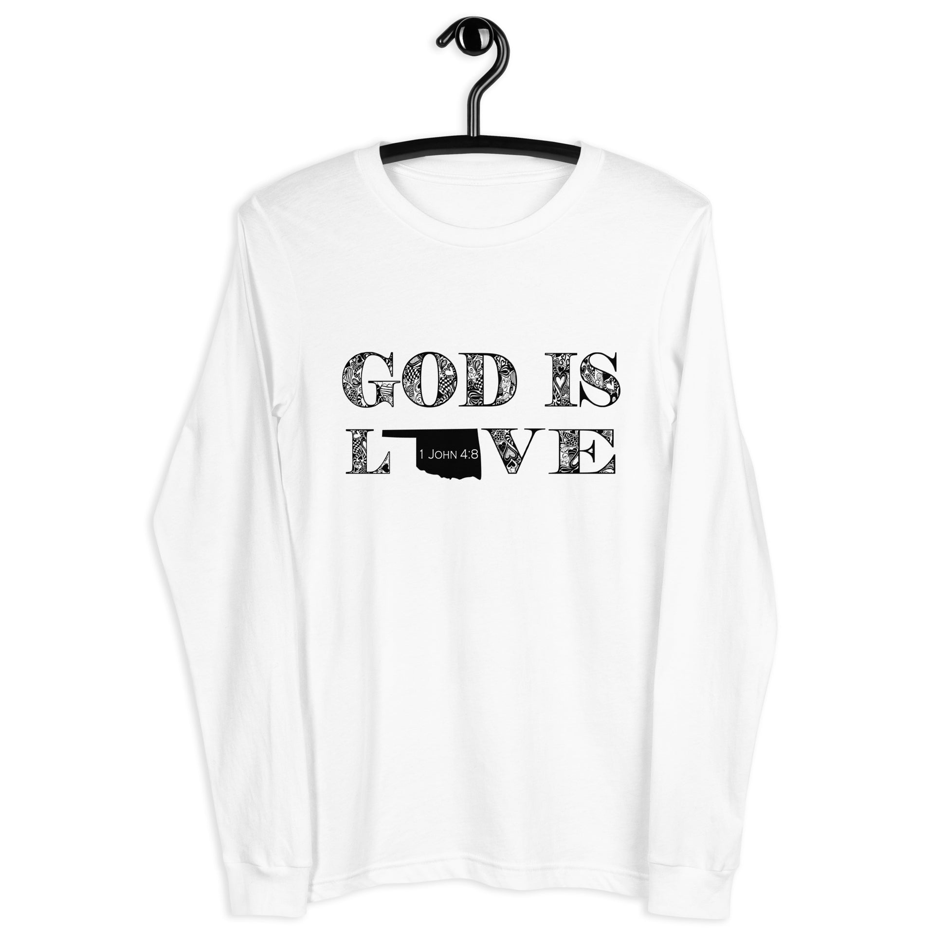 1 John 4:8 God is Love Unisex Long Sleeve Oklahoma Tee white