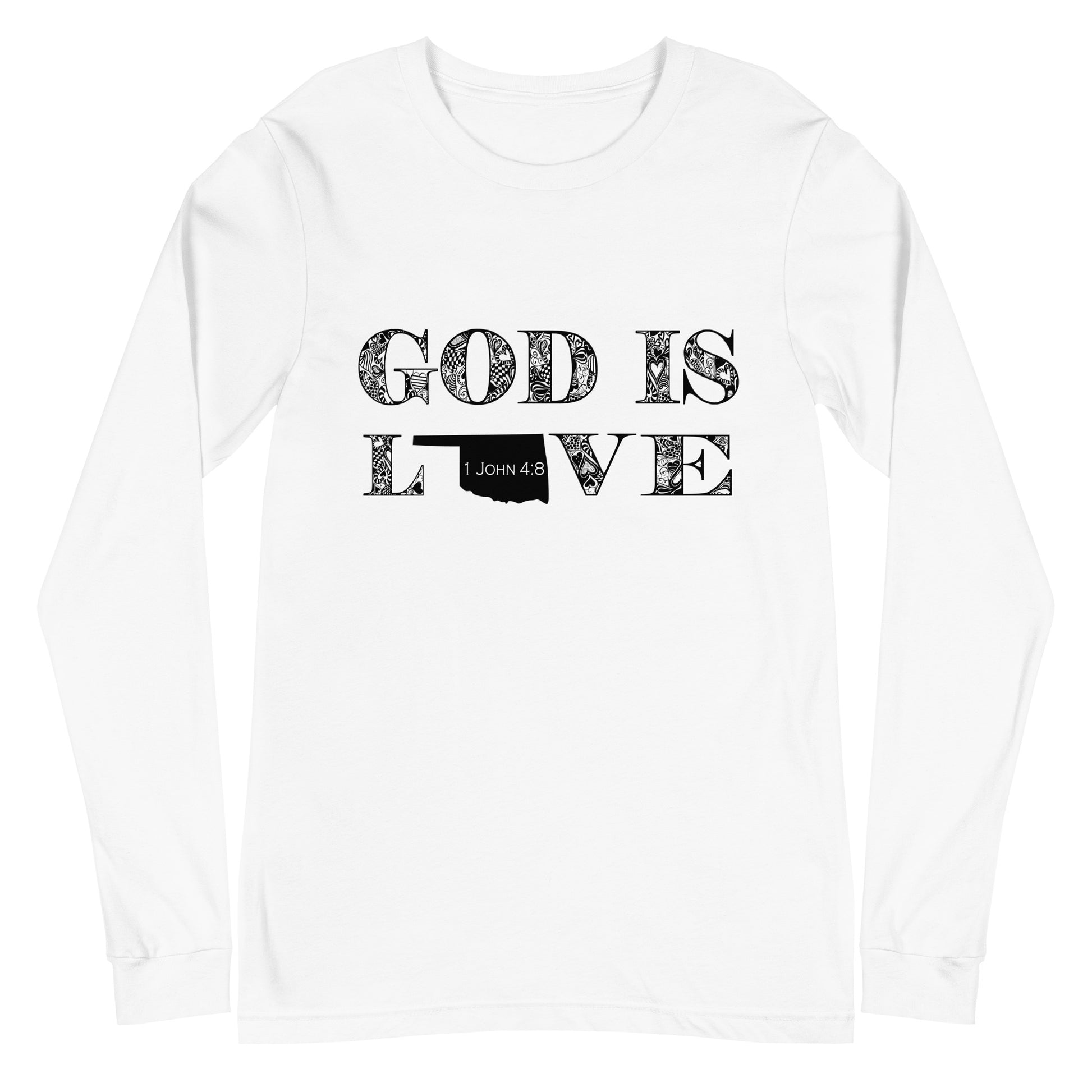 1 John 4:8 God is Love Unisex Long Sleeve Oklahoma Tee in White - front view
