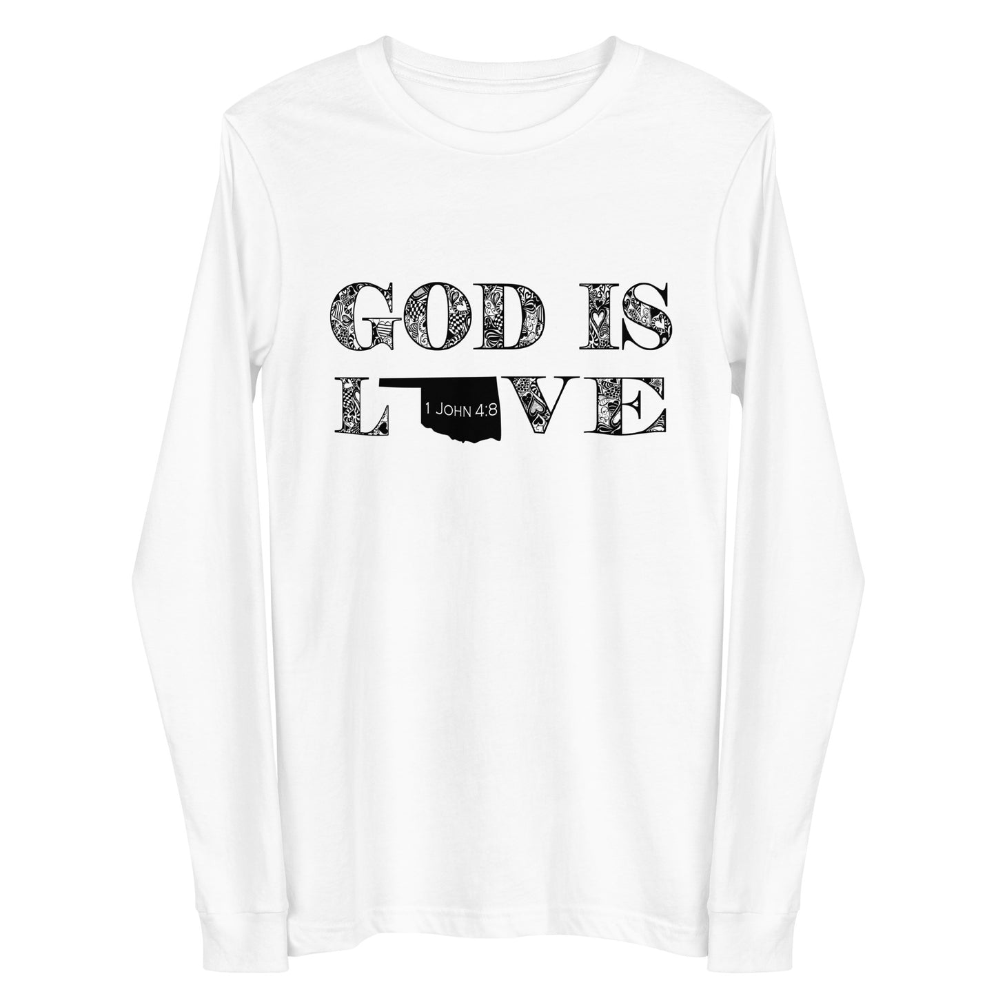 1 John 4:8 God is Love Unisex Long Sleeve Oklahoma Tee in White - front view