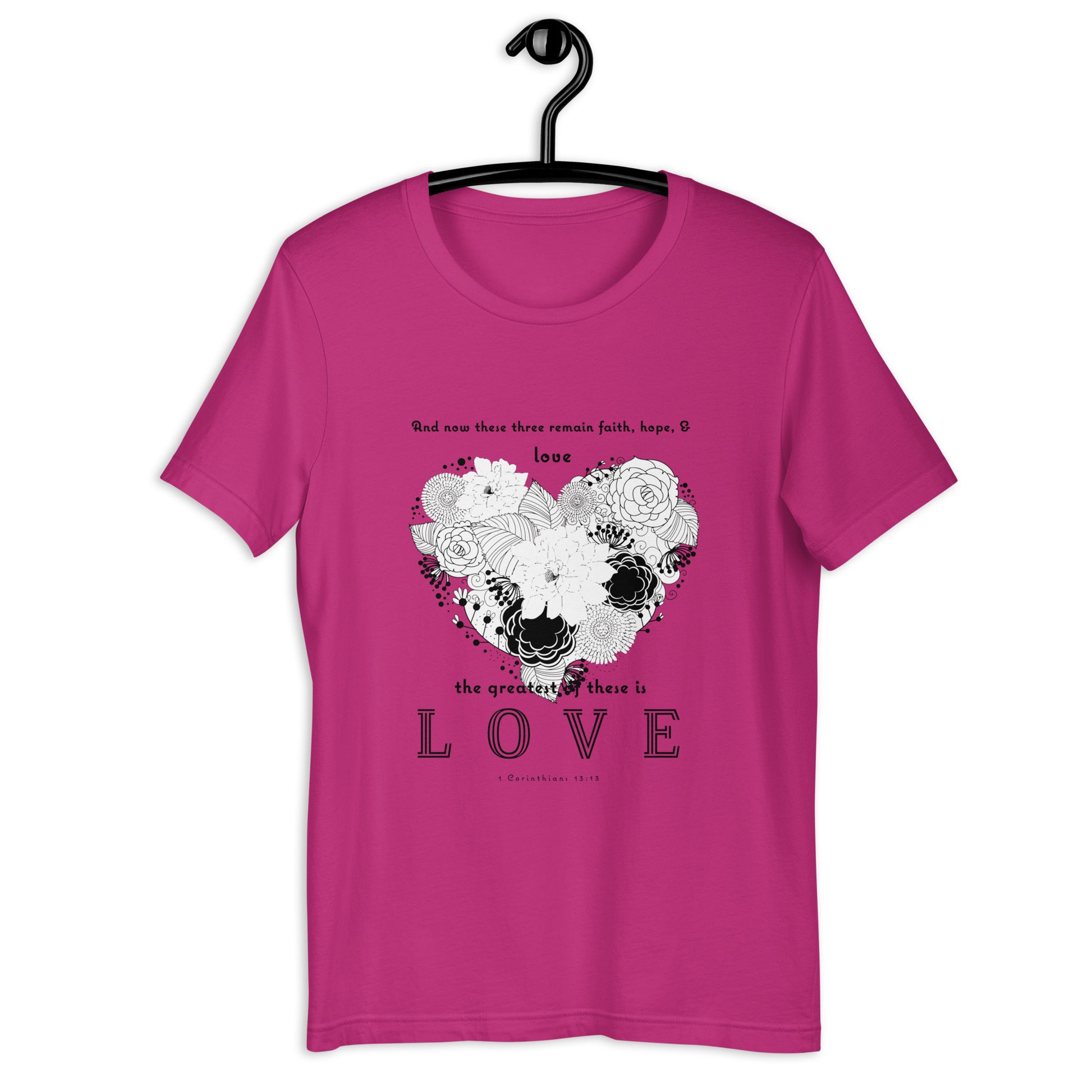 1 Corinthians 13:13 Greatest Love T-Shirt in Berry - on hanger front view