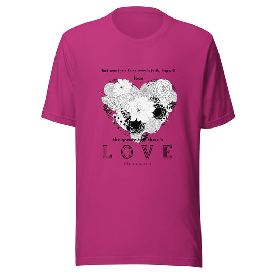1 Corinthians 13:13 Greatest Love T-Shirt in Berry - front view