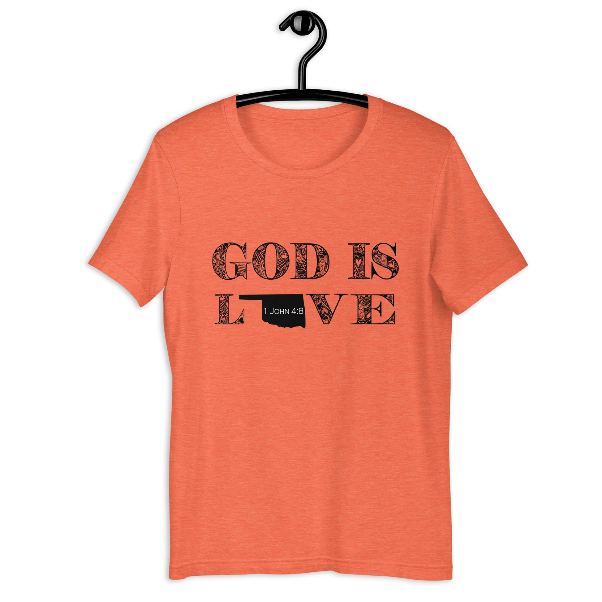1 John 4:8 God is Love Unisex Oklahoma T-shirt in Heather Orange - front view on hanger