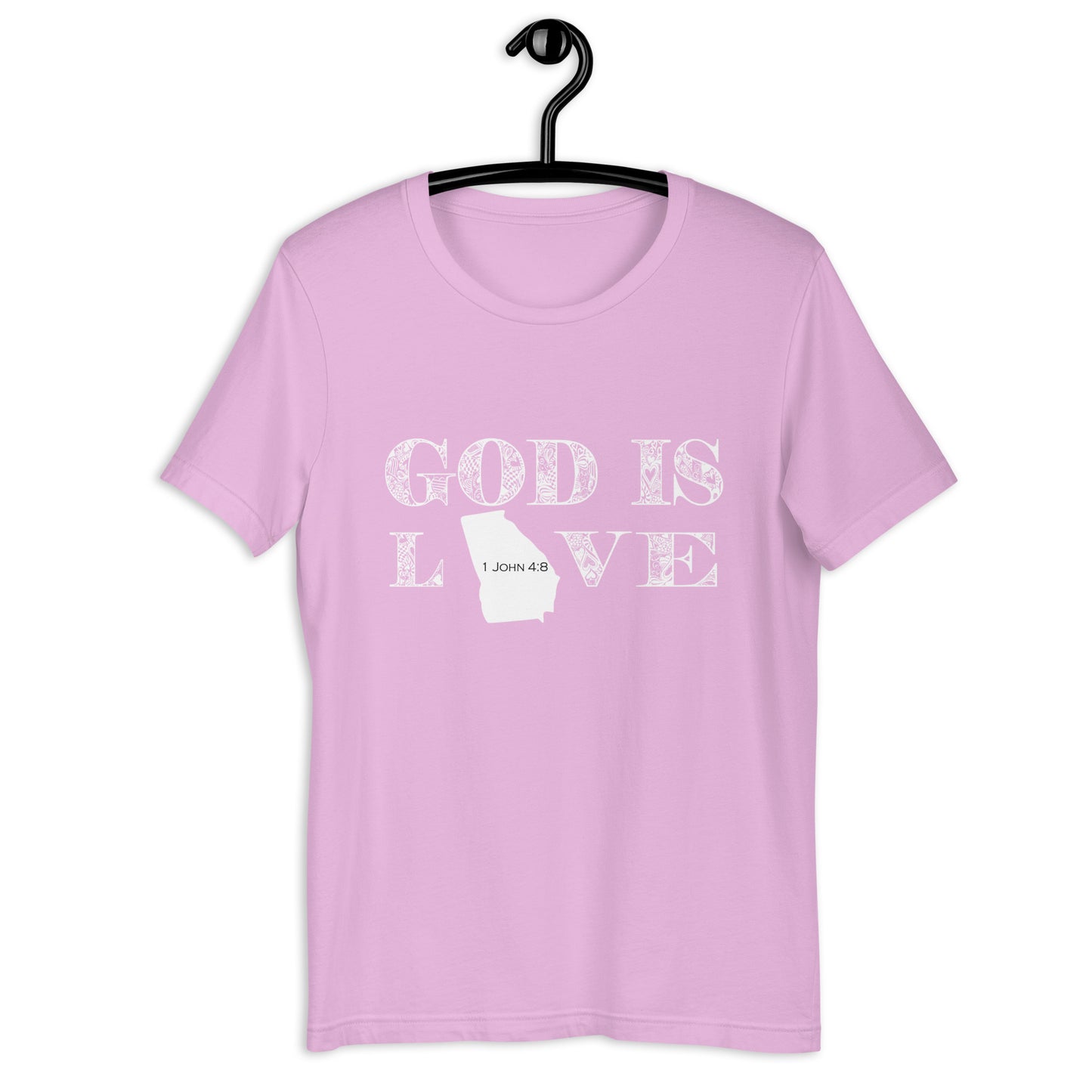 1 John 4:8 God is love Georgia T-shirt in Lilac - on hanger front view