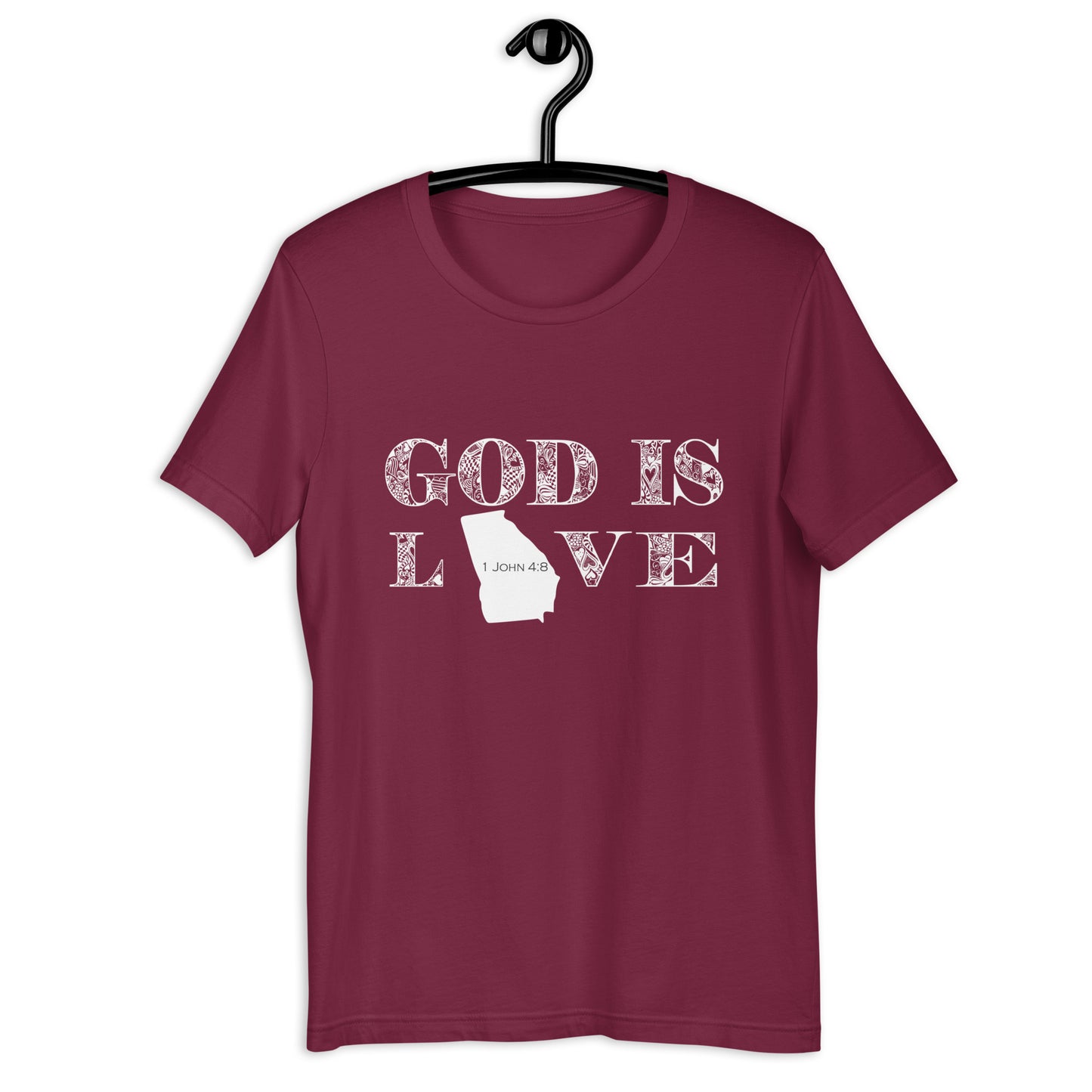1 John 4:8 God is love Georgia T-shirt in Maroon - on hanger front view