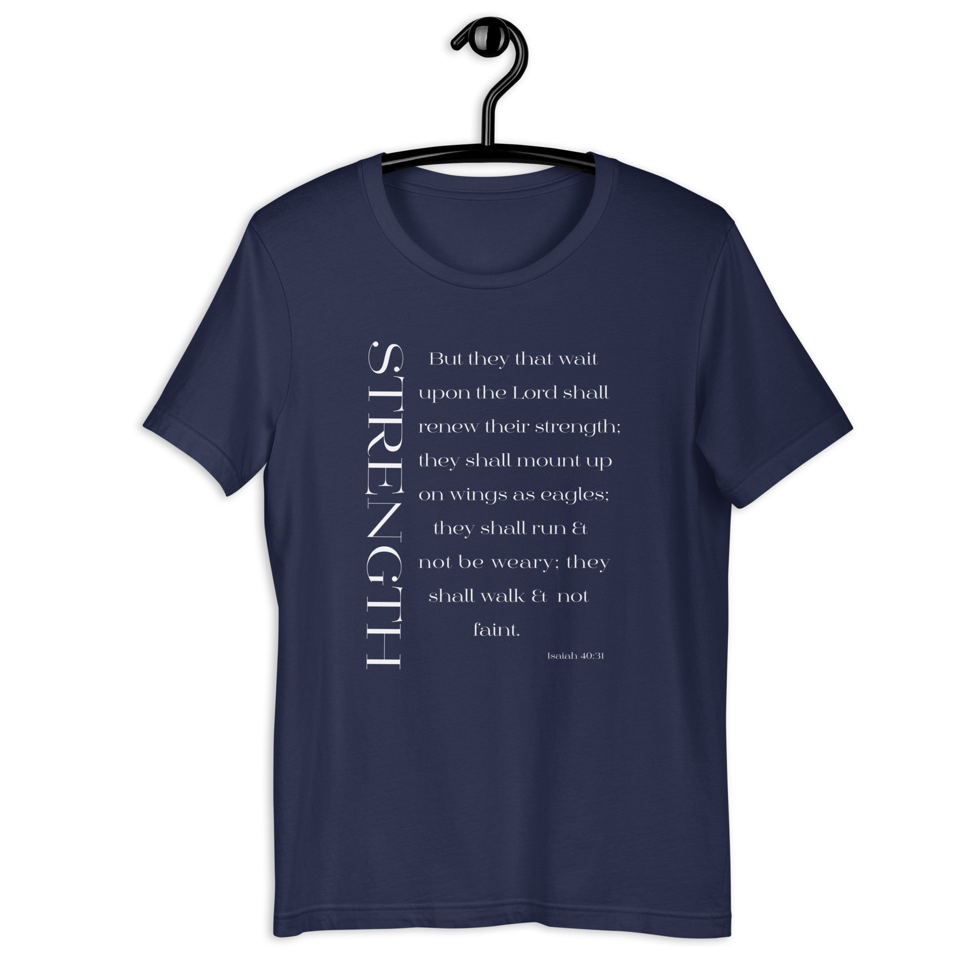 Isaiah 40:31 Strength Short-Sleeve Unisex T-Shirt navy on hanger